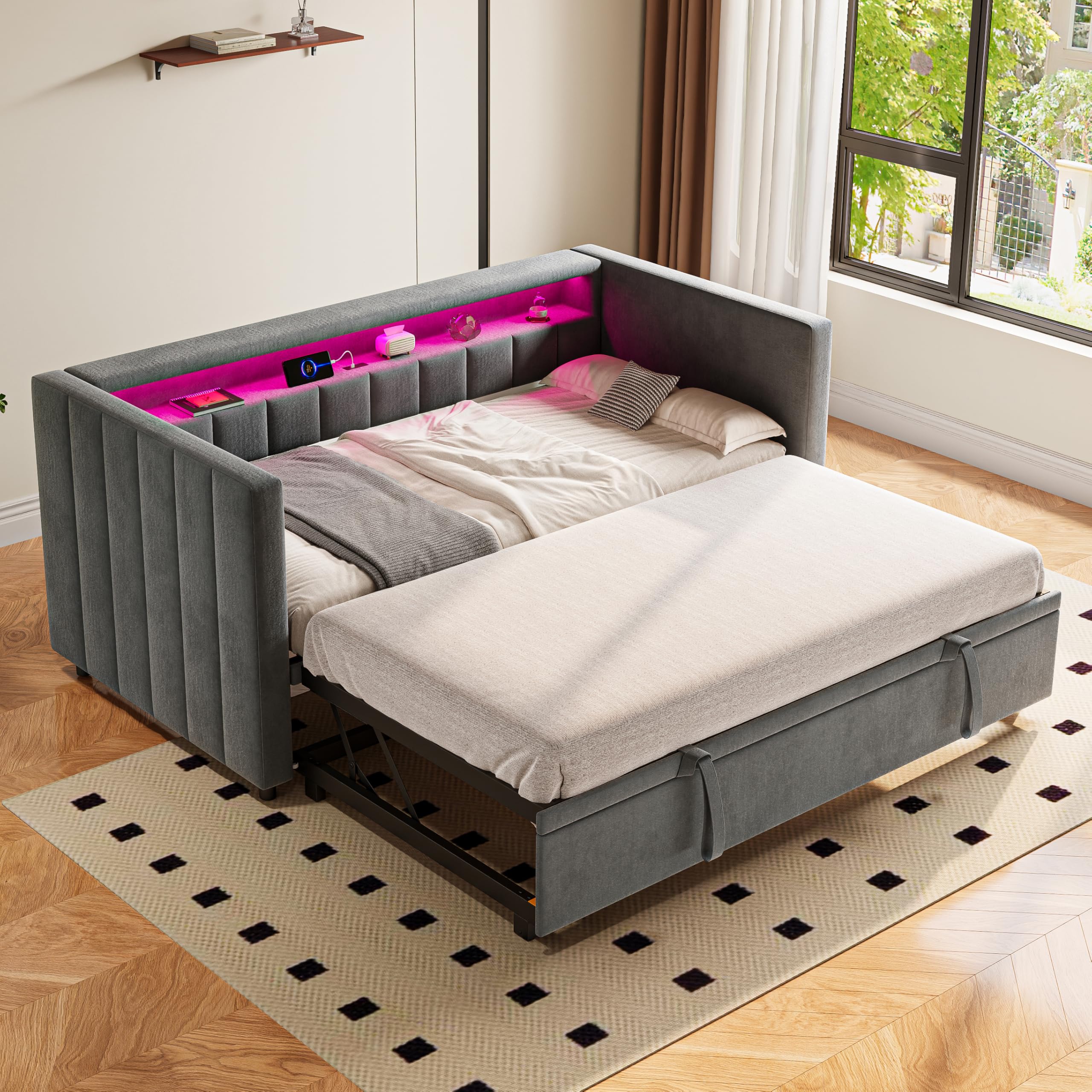 Sofá cama 90x190 cm con cama nido y almacenamiento en gris oscuro para dormitorio juvenil