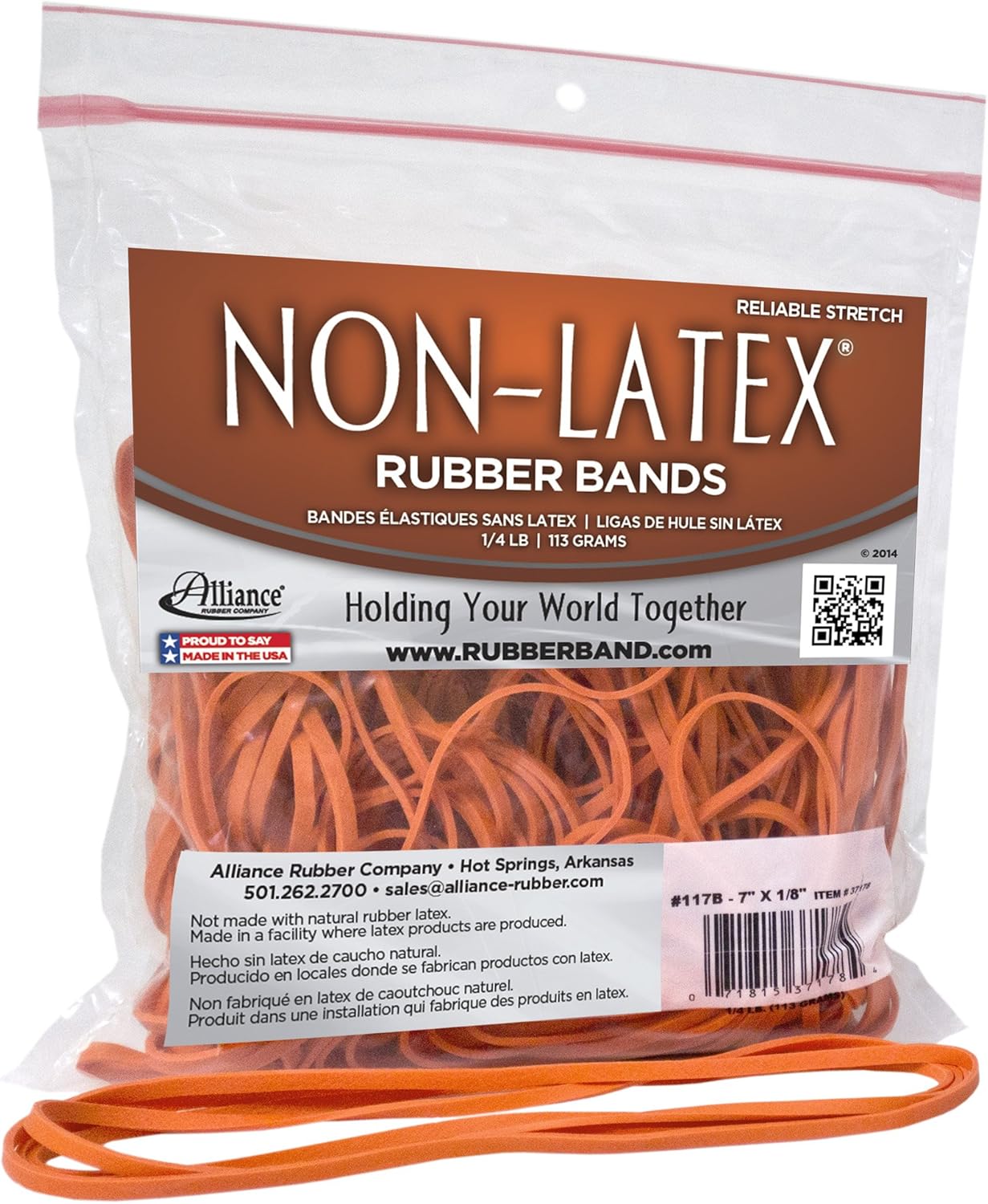 Alliance Rubber 37178#117B Non-Latex Rubber Bands, 1/4 lb Poly Bag Contains Approx. 63 Bands (7" x 1/8", Orange) : Rubber Bands In Office : Office Products