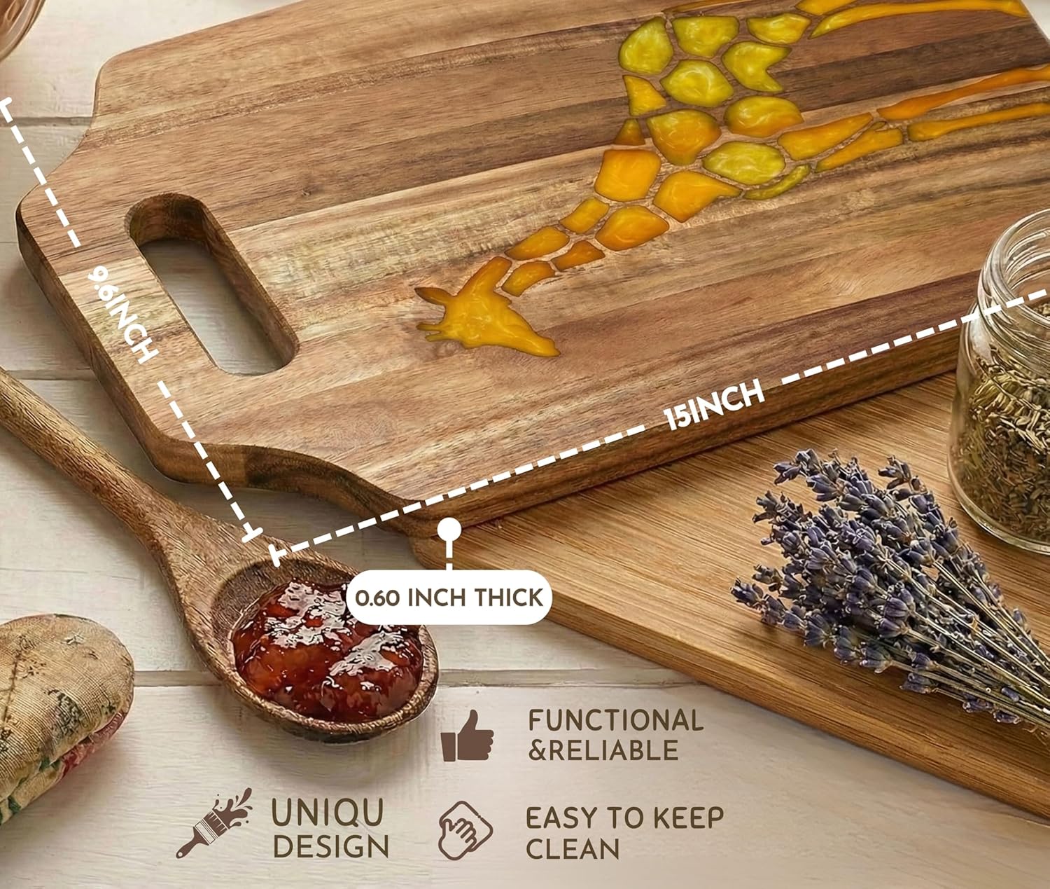Giraffe Gifts Acacia Wood Cutting Board, with Unique Giraffe Epoxy Resin Pan, Perfect for Kitchen Meal Prep and Serving, Versatile Cheese & Charcuterie Board, for Meat and Vegetable, 15 * 9.6 Inch