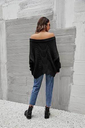 Women's Oversized Crew Neck Off Shoulder Hollow Wave Ribbed Cable Knit Sweater Cute Spring Fall Chunky Pullover Top
