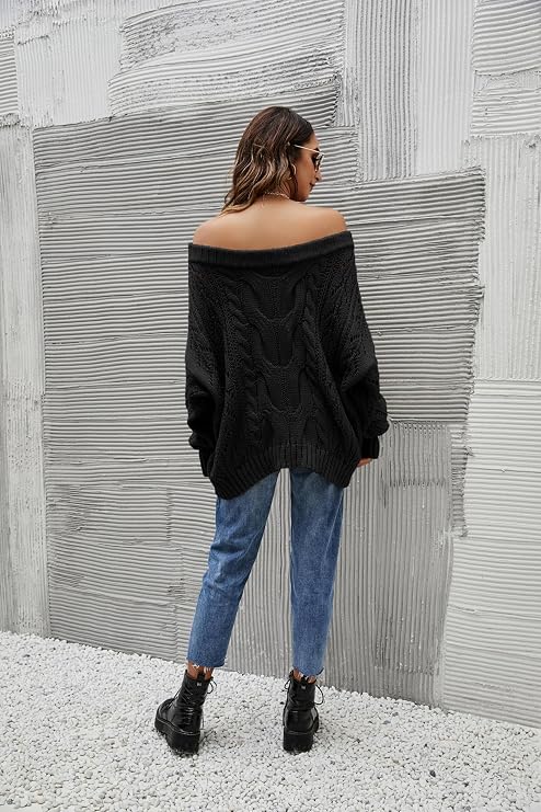 Women's Oversized Crew Neck Off Shoulder Hollow Wave Ribbed Cable Knit Sweater Cute Spring Fall Chunky Pullover Top