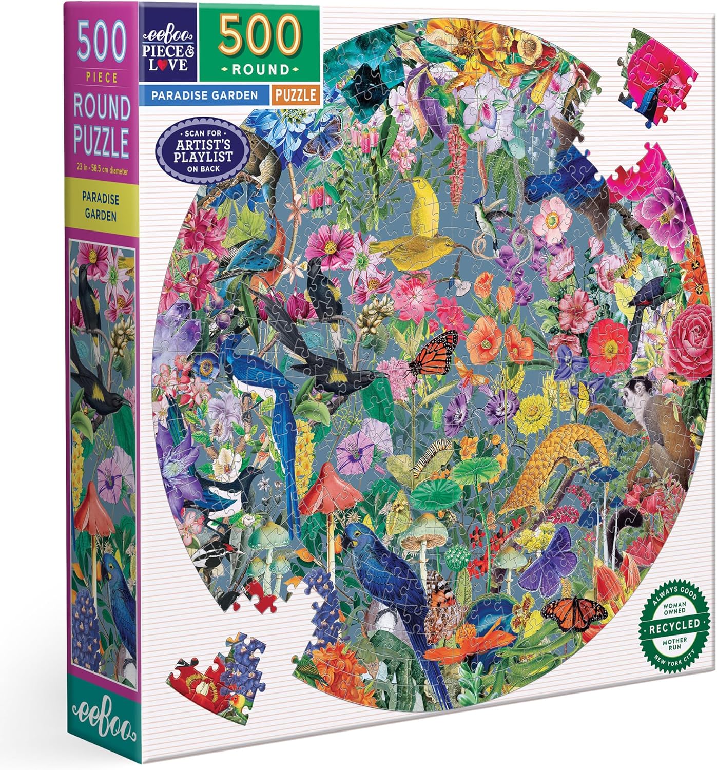 eeBoo 500 Piece Puzzle - Unicorn Garden Jigsaw Puzzle for Adults, Circular with 23" Diameter Made with Recycled Board & Vegetable-Based Ink