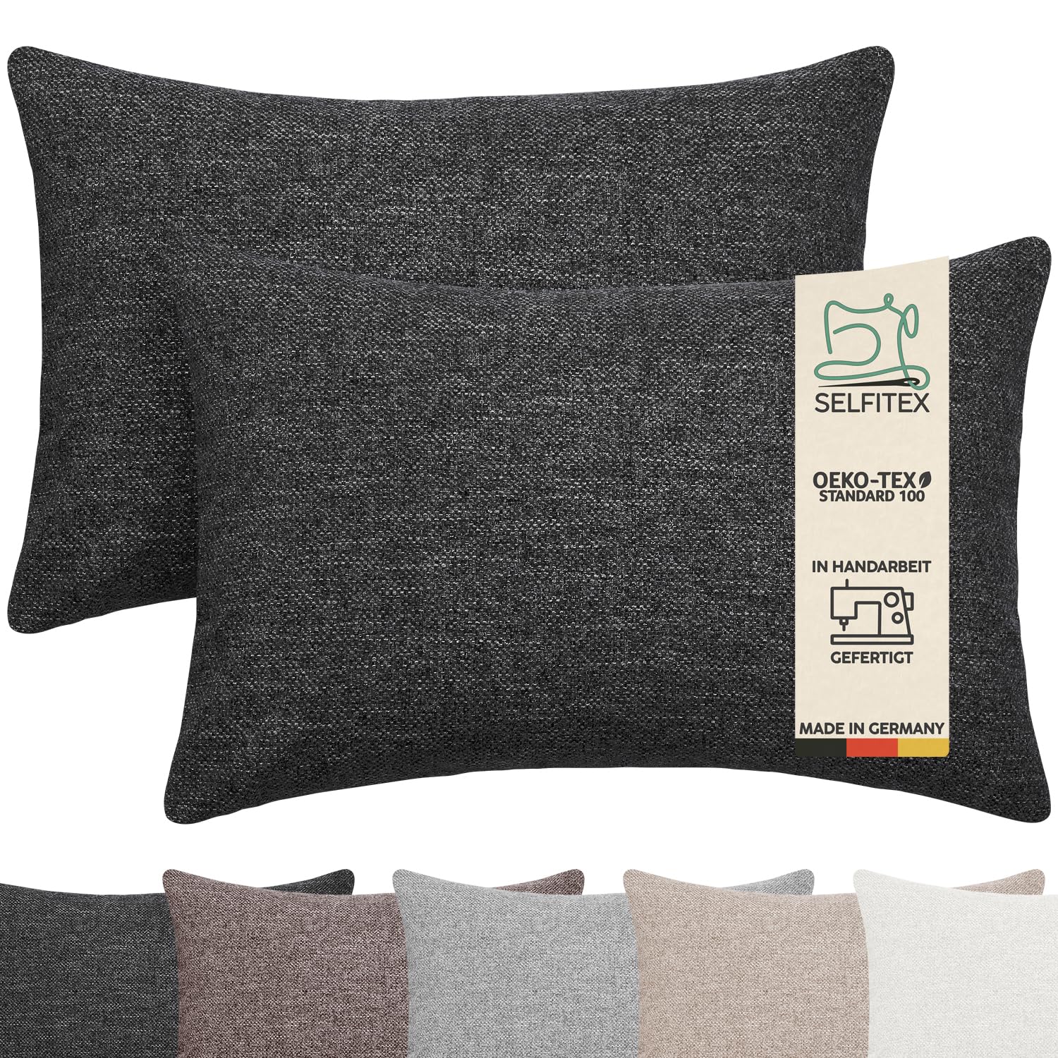 Selfitex 2er Set 40x60 cm, Sofakissen mit Füllung und Bezug, Dekokissen, Kopfkissen mit weicher Kissenfüllung, stilvolle Kissen Deko, robuster Polsterstoff, hochwertiges Couch Kissen (Anthrazit)