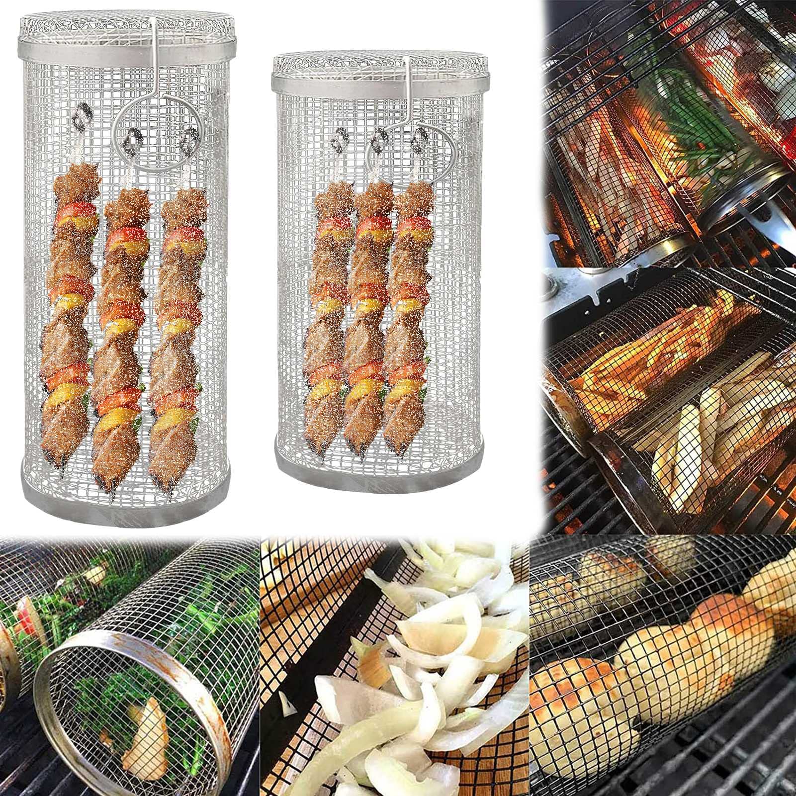 Cesta de Parrilla rodante para Barbacoa, Accesorios de Cocina para Acampar al Aire Libre, Rejilla Redonda para Barbacoa, para Verduras, Papas Fritas, Pescado (20 CM + 30 CM)