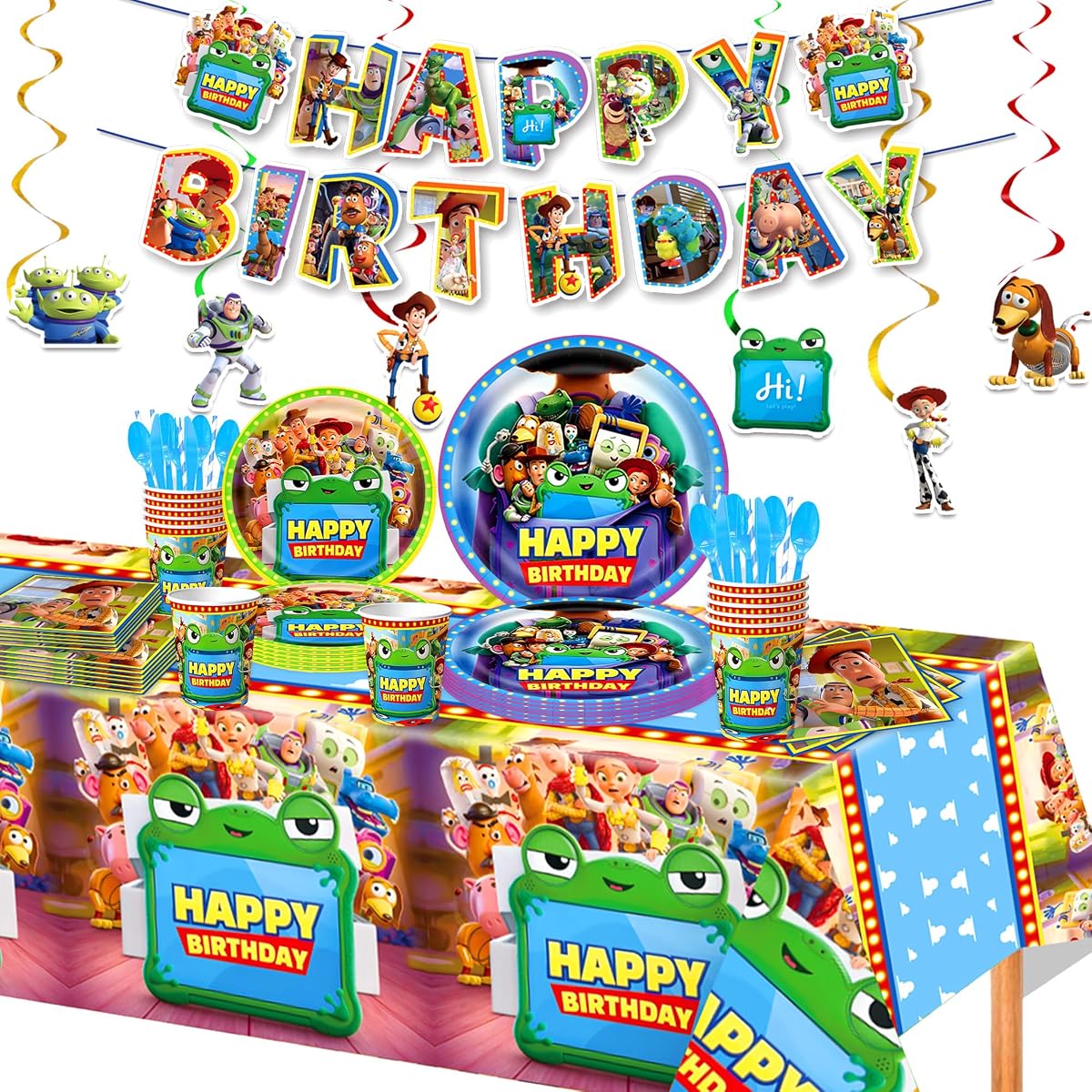 102Pcs Toy Story 5 Birthday Decorations, Complete Party Supply Kit Includes Tablecloth, Disposable Plates, Cups, Cutlery, Napkins, Banners & Hanging Swirls for Boys Girls Kids Theme Party