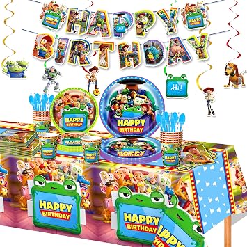 102Pcs Toy Story 5 Birthday Decorations, Complete Party Supply Kit Includes Tablecloth, Disposable Plates, Cups, Cutlery, Napkins, Banners & Hanging Swirls for Boys Girls Kids Theme Party