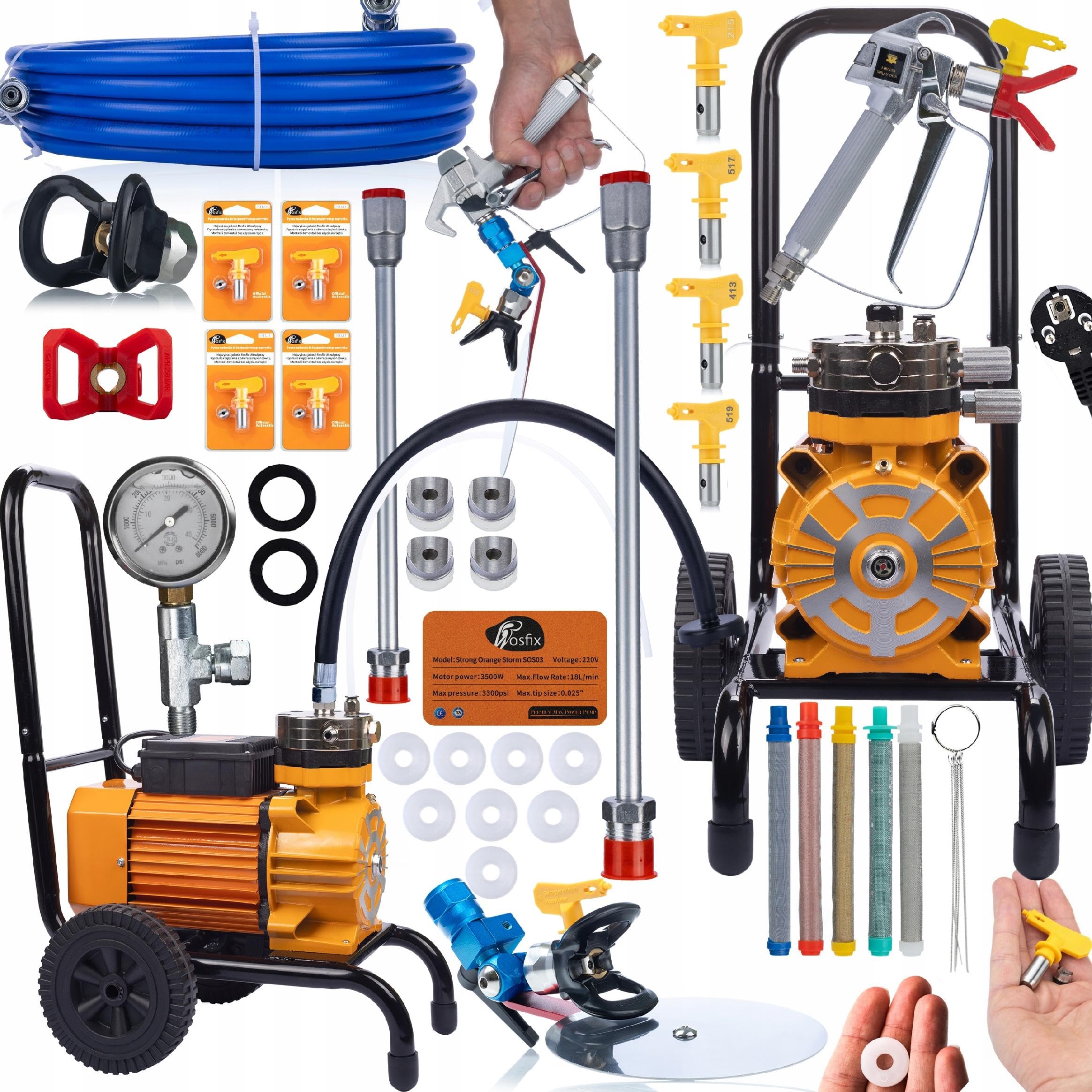 Rosfix Strong Orange Storm SOS03 – hydrodynamiczne urządzenie natryskowe | 3500 W | 18 l/min | w zestawie akcesoria malarskie PACK-MAX3 | profesjonalna technologia Airless do farb ściennych, lakierów