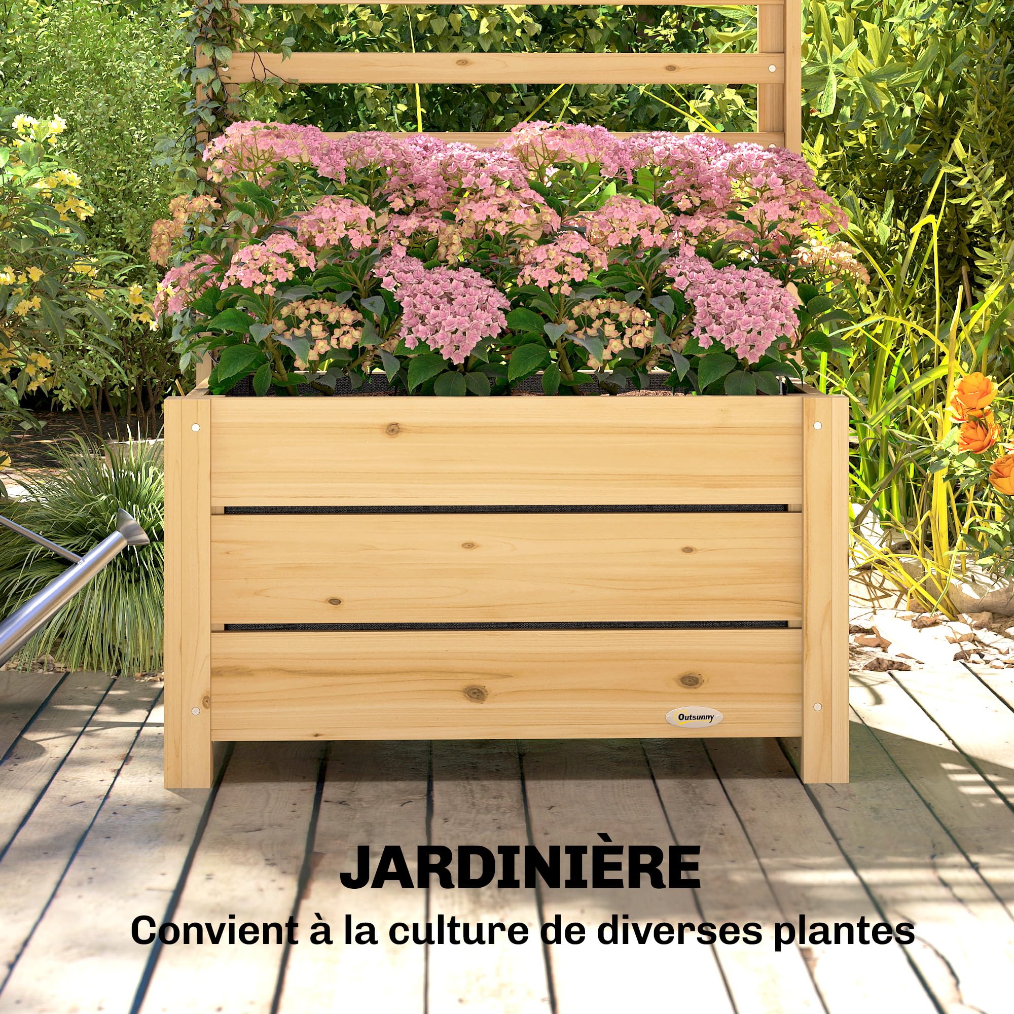 Outsunny Jardinière avec Treillis Drainage 60 x 39 x 120 cm Bois Naturel | Bac à Fleurs, Lit Surélevé avec Brise-Vue, Doublure Intérieure, pour Plantes Grimpantes, Légumes, Fleurs