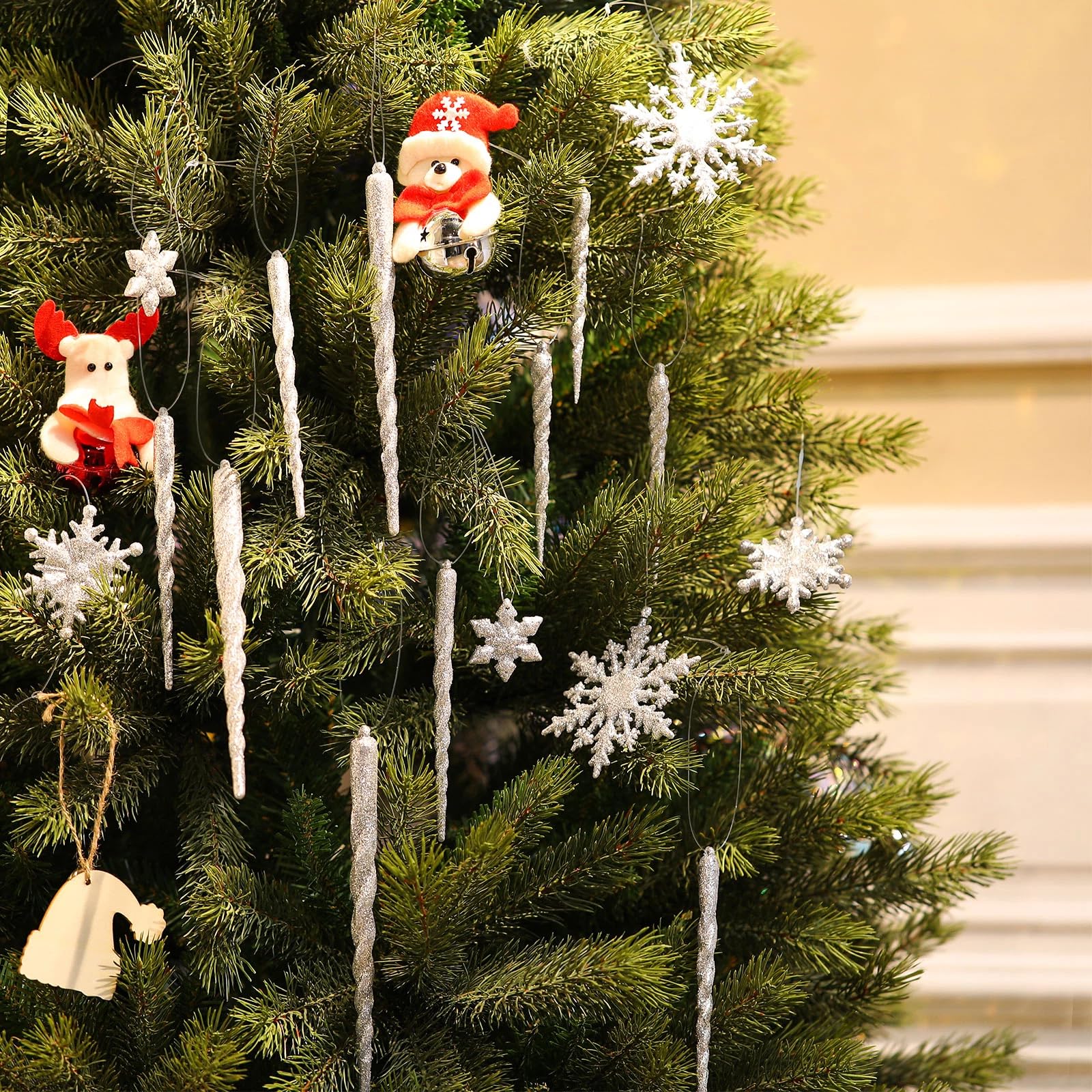72 Stücke Acryl Eiszapfen Weihnachten Schneeflocke Eiszapfen Ornamente Hängende Eiszapfen Tropfen Ornamente Schneeflocke Eiszapfen Dekorationen Set für Weihnachtsbaum Dekoration (Silber)