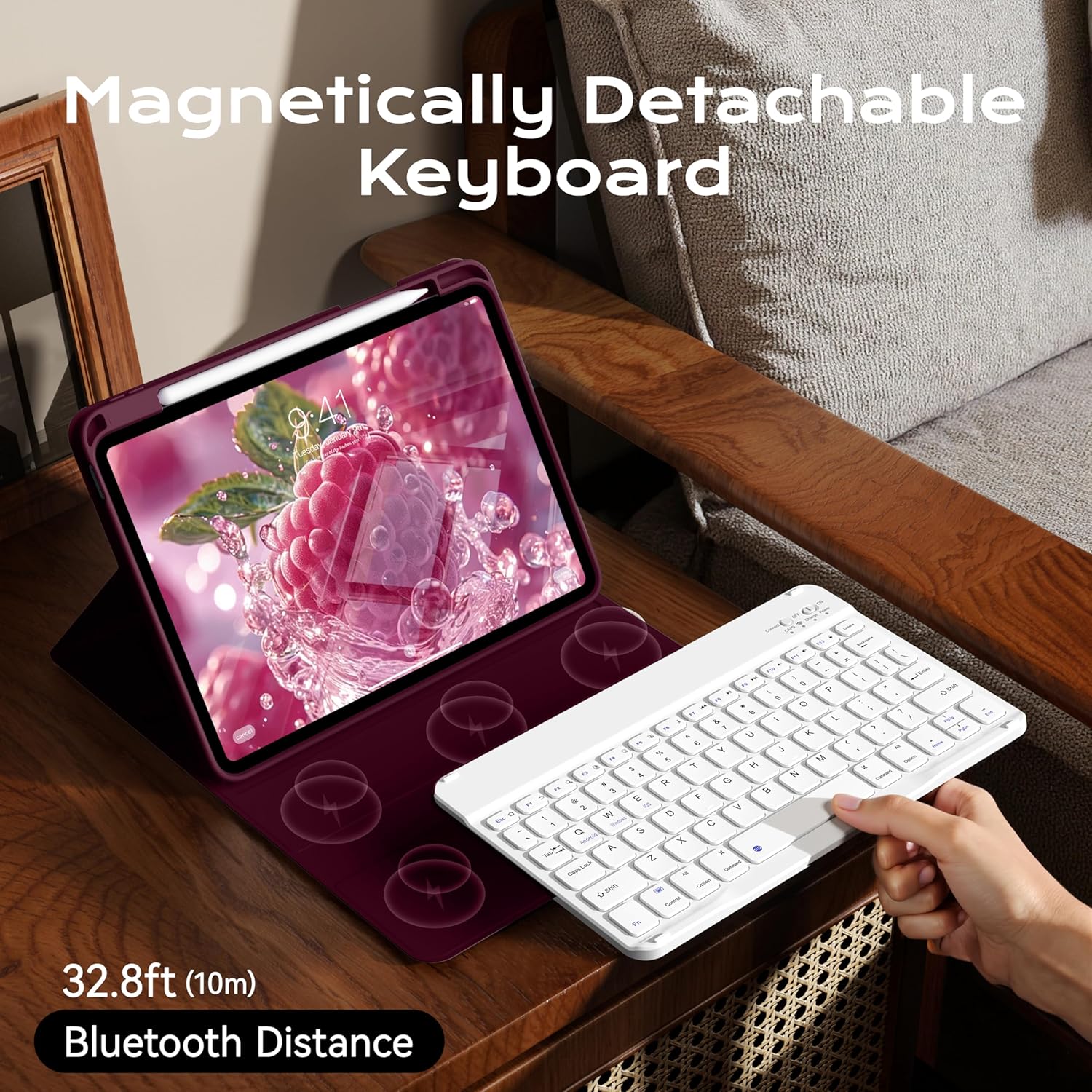 JKSML for iPad 11/10th Generation Case with Keyboard 11-inch A16 2025 10th Gen 10.9 Inch 2022 Wireless Detachable Folio Keyboard Cover Thin & Light with Pencil Holder, Wine Red