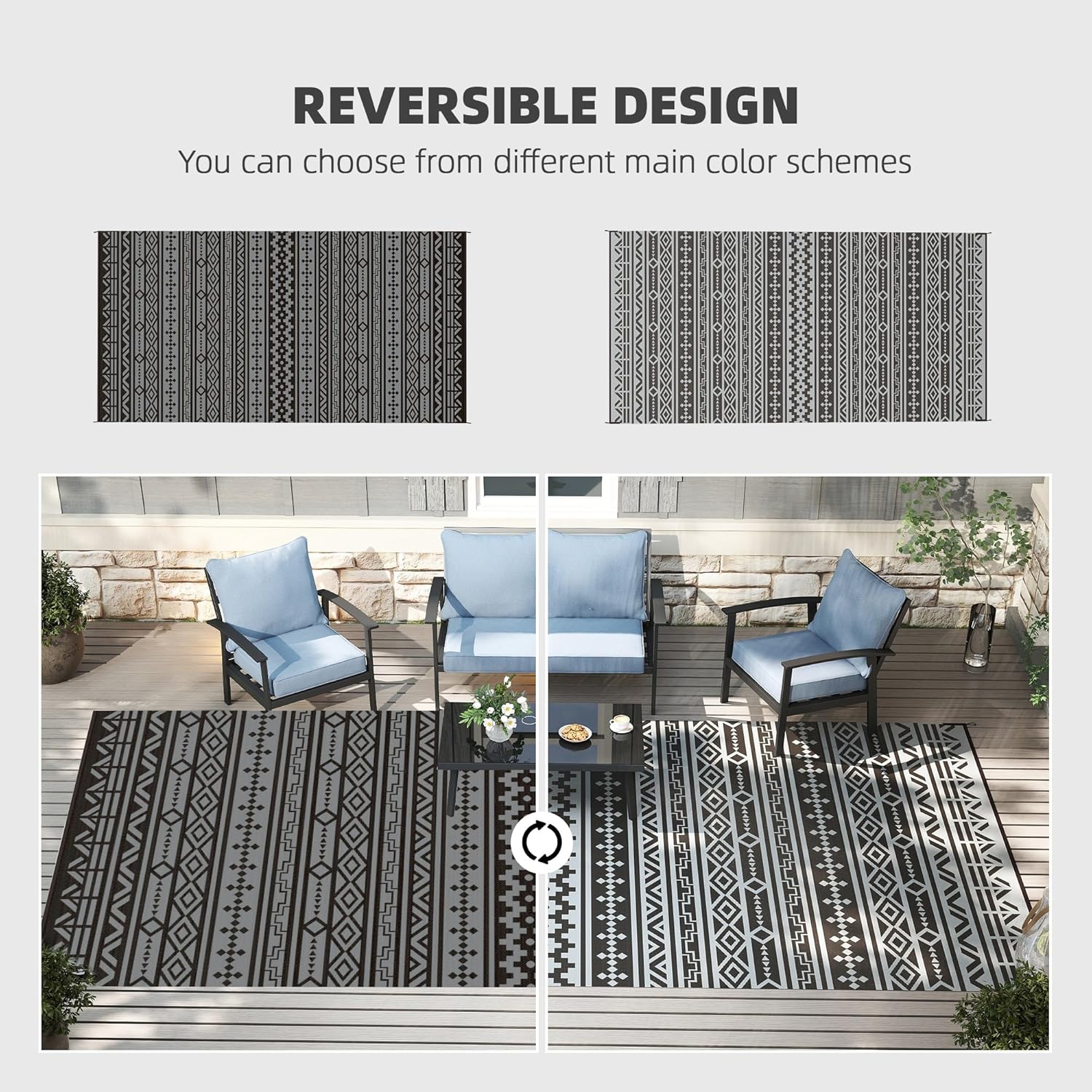 Outsunny Outdoor Rug showing two different reversible patterns