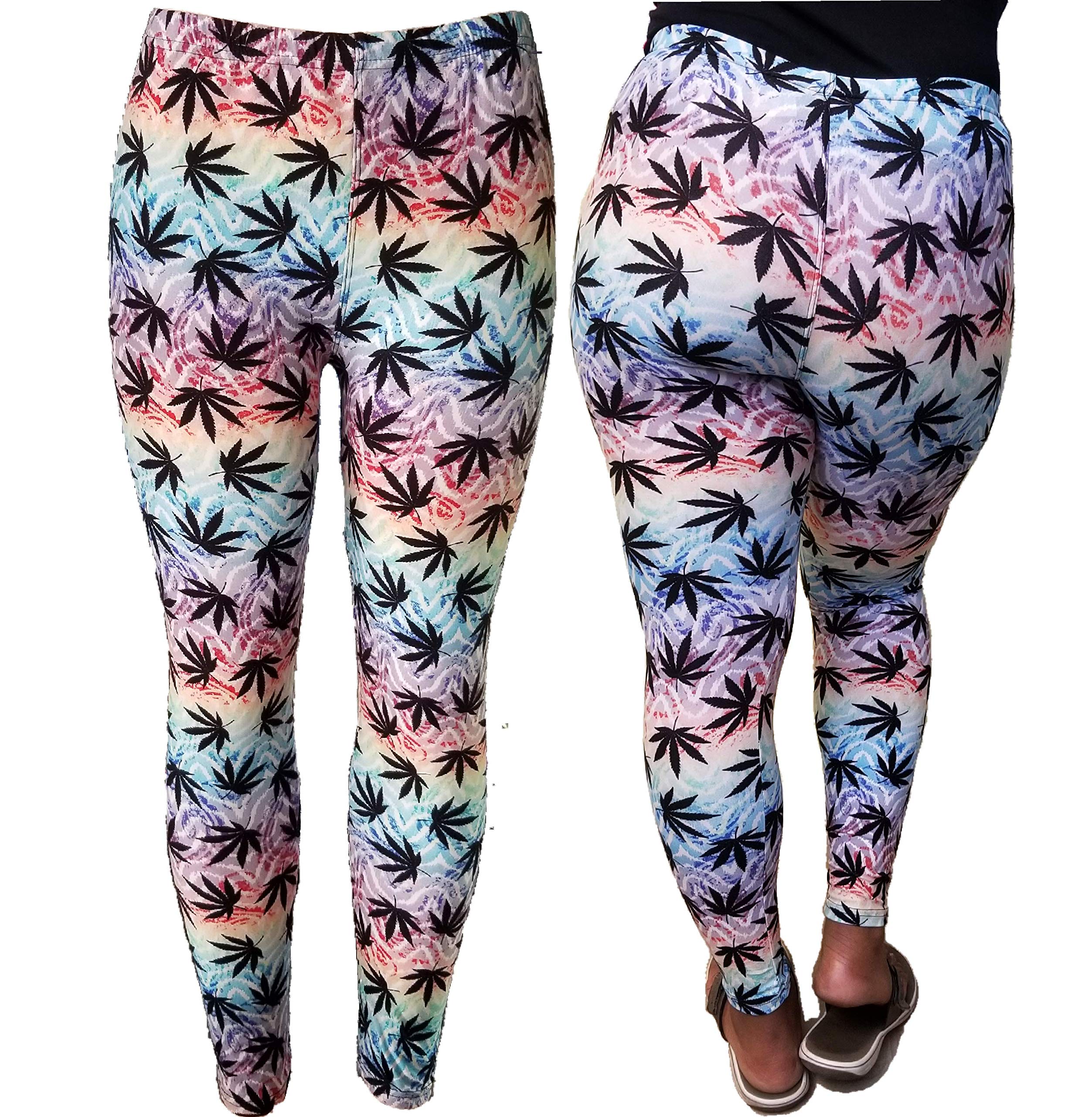 Women Plant Hemp Weeds Marijuana Lucky Maple Leaf Punk Skinny Stretch Leggings Tights 1 Size Fit Most