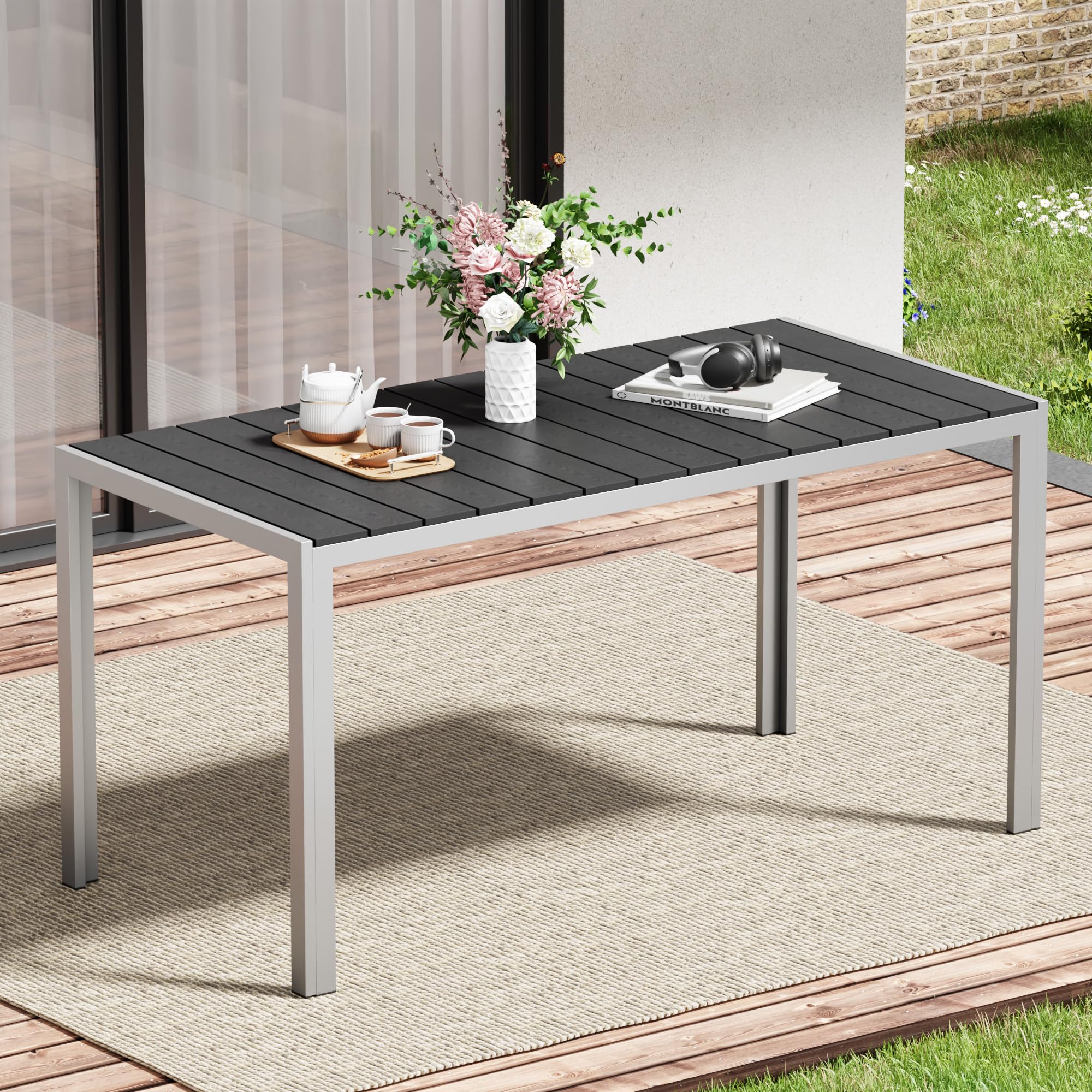 Amopatio Gartentisch Wetterfest 150×80 cm, WPC Balkontisch Aluminium, Rechteckiger Terrassentisch UV-beständig Gartenmöbel für Garten & Outdoor, Moderner Esstisch Grau-Grau