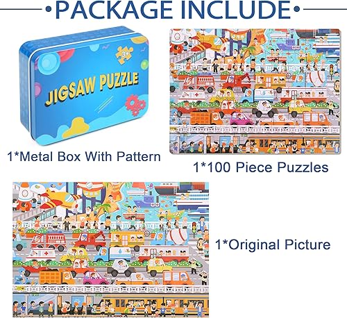 Miniatura 13 de LELEMON Rompecabezas para niños de 4 a 8 años, rompecabezas de 100 piezas para niños, rompecabezas educativos para niños en una caja de metal