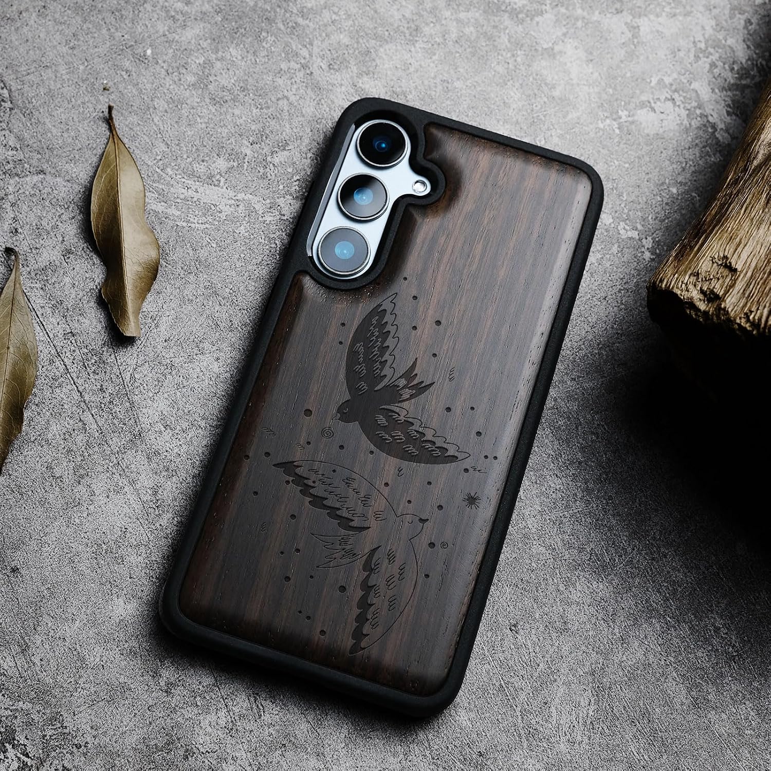 Carveit Wood Case for Galaxy S24 FE Case [Natural Wood & Black Soft TPU] Shockproof Protective Cover Unique Wooden Design Compatible with S24 FE (Minimalist Flight-Blackwood)