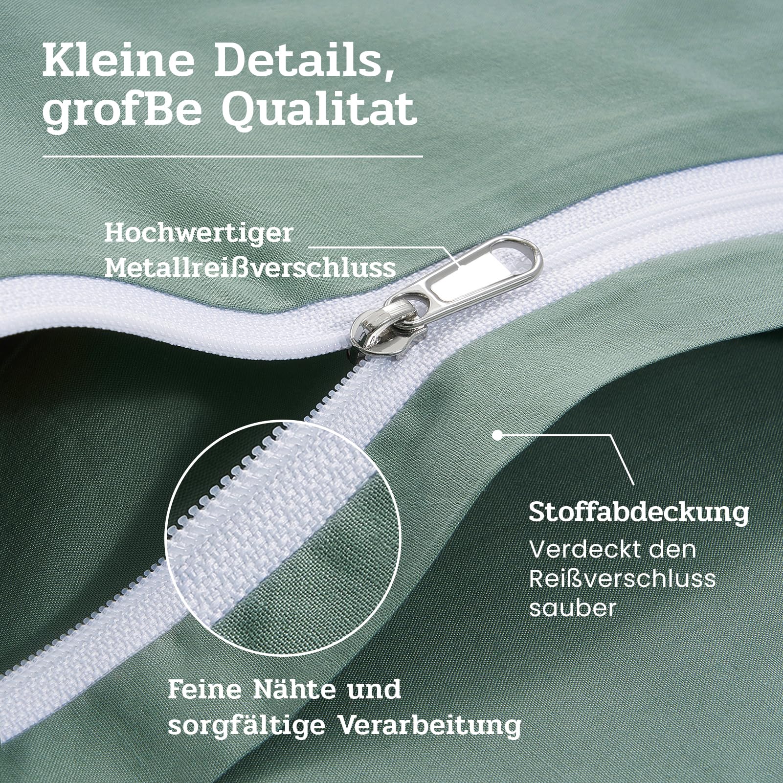 Bettwäsche 135x200 Grün Baumwolle 4teilig,Bettwäsche Salbeigrün 2 Bettbezüge 135 x 200 + 2 Kissenbezüge 80x80 cm, ÖKO-TEX Bettwäsche-Sets Aesthetic 100% Baumwolle mit Reißverschluss
