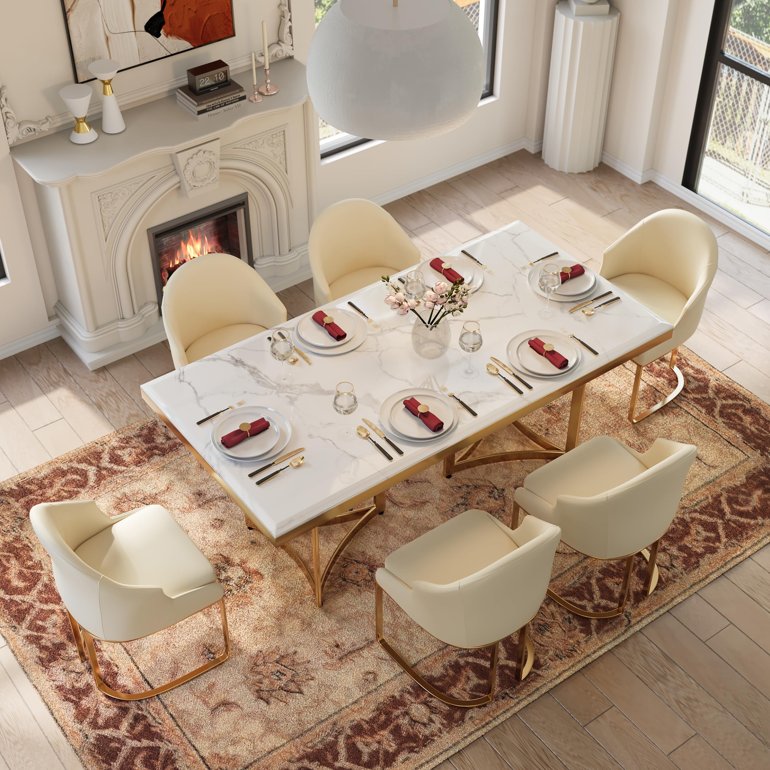 POVISON Dining Room Table Set for 6, Rectangular Marble Table with Chairs, Glossy White Tableop, Gold Stainless Steel Pedestal, with Beige Upholstered