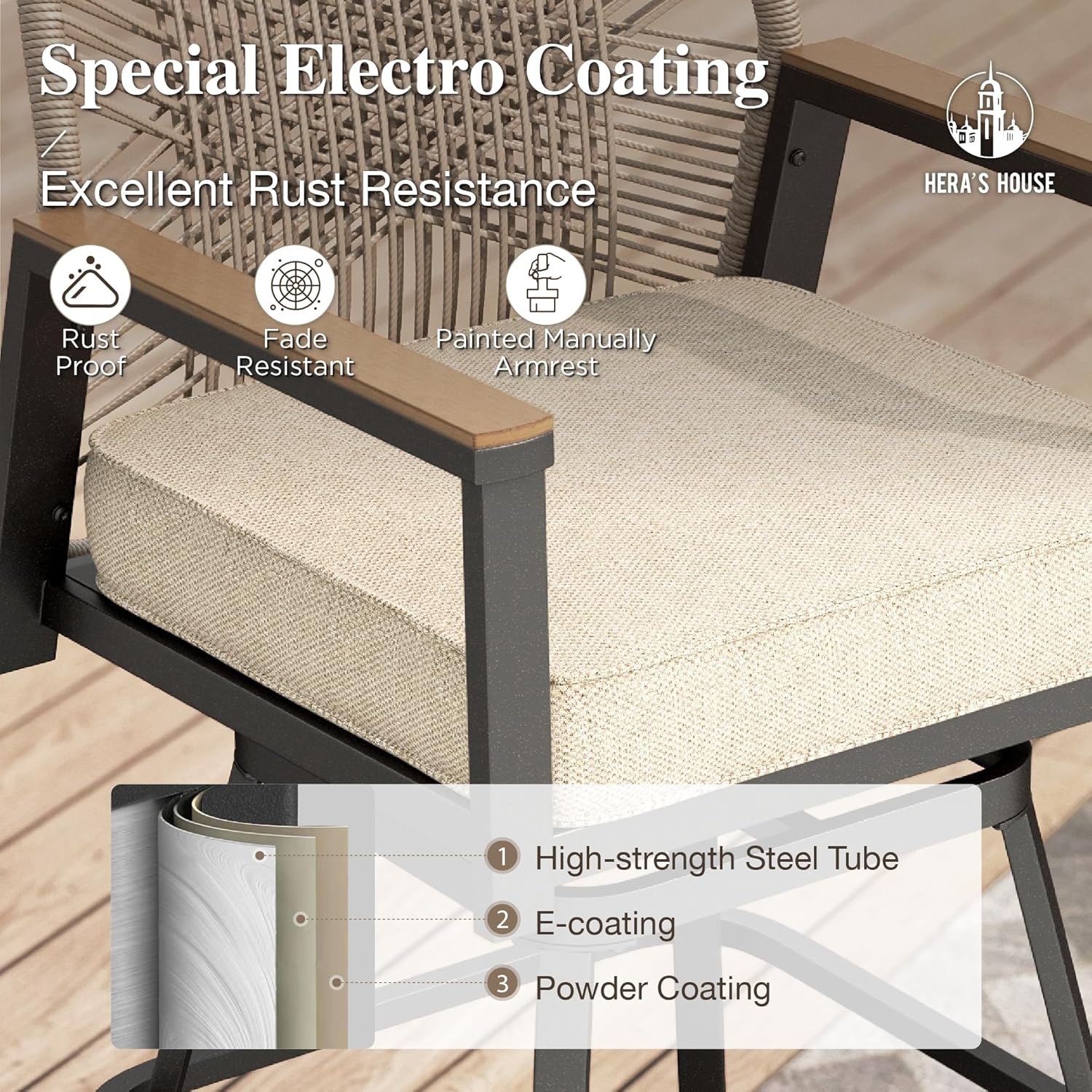 HERA'S HOUSE Outdoor Swivel Bar Stools Set of 2, High Top Patio Chairs with All Weather Cushion Pro Fabric, Bistro Set for Backyard, Lawn Garden, Balcony,Poolside
