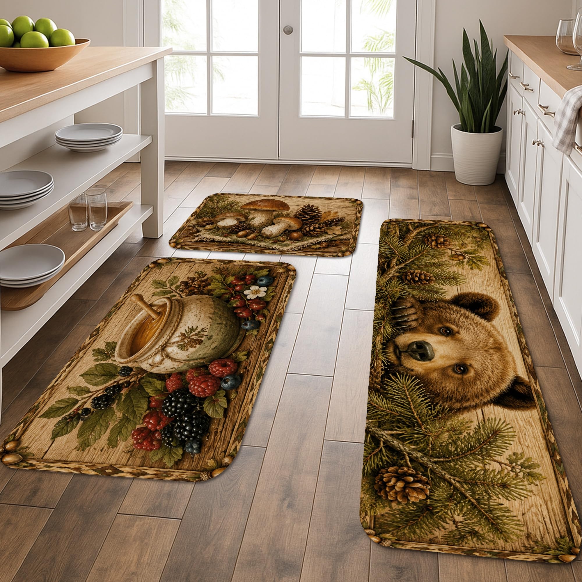 Tapis de cuisine pour éviers évitant les sols glissants | Lot de 3 tapis ours rustique