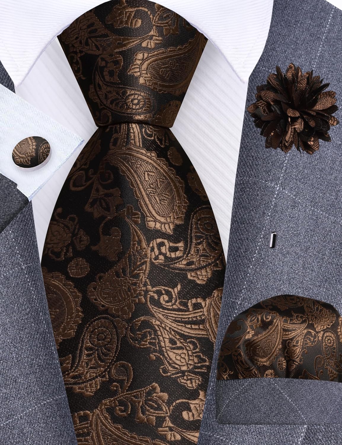 GUSLESON 3.15"（8cm） Mens Paisley Tie and Lapel Pin Necktie Hankerchief Cufflinks Set for Men - Image 2