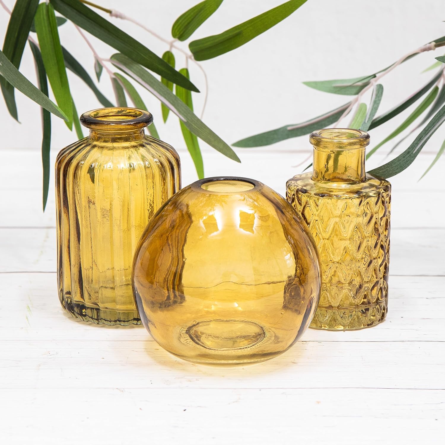 Set of 3 Yellow Vintage Glass Ribbed Bottle Flower Display Bud Vases