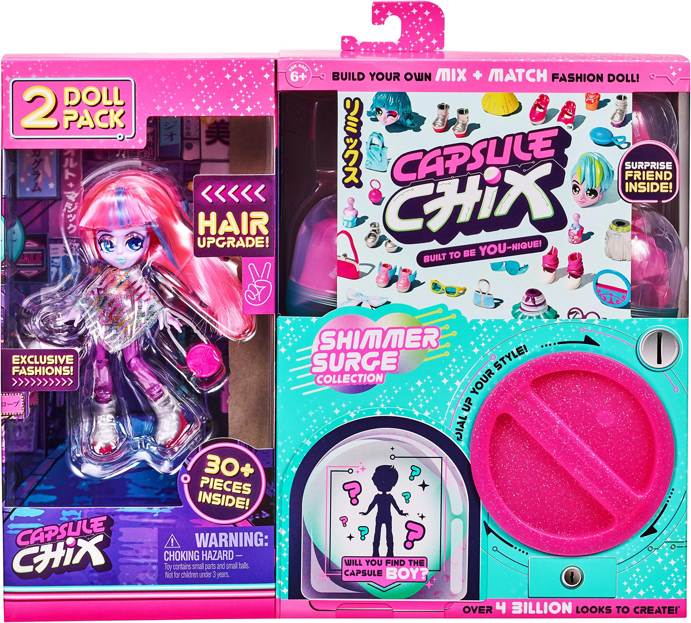 Capsule Chix Shimmer Surge 2 Pack, 4.5 inch Small Doll with Capsule Machine Unboxing and Mix and Match Fashions and Accessories, 59229