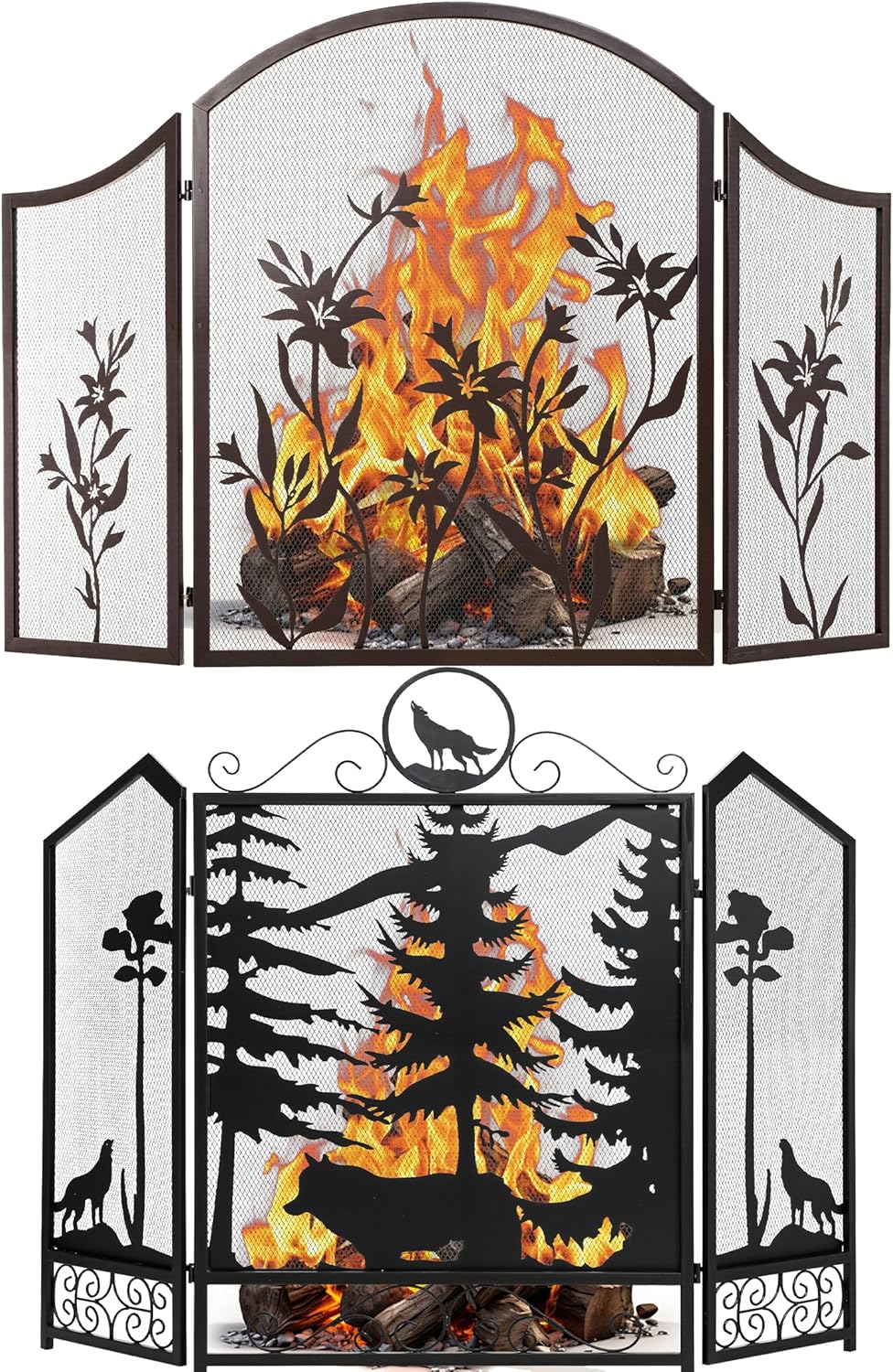 WICHEMI Fireplace Screen 3 Panel Folding Fireplace Screens Gold Metal Furnace Fireguards Mesh Cover Baby Safe Proof Fence Spark Guard Cover Wrought Iron Fire Place Standing Gate (Style 3+Style 9)