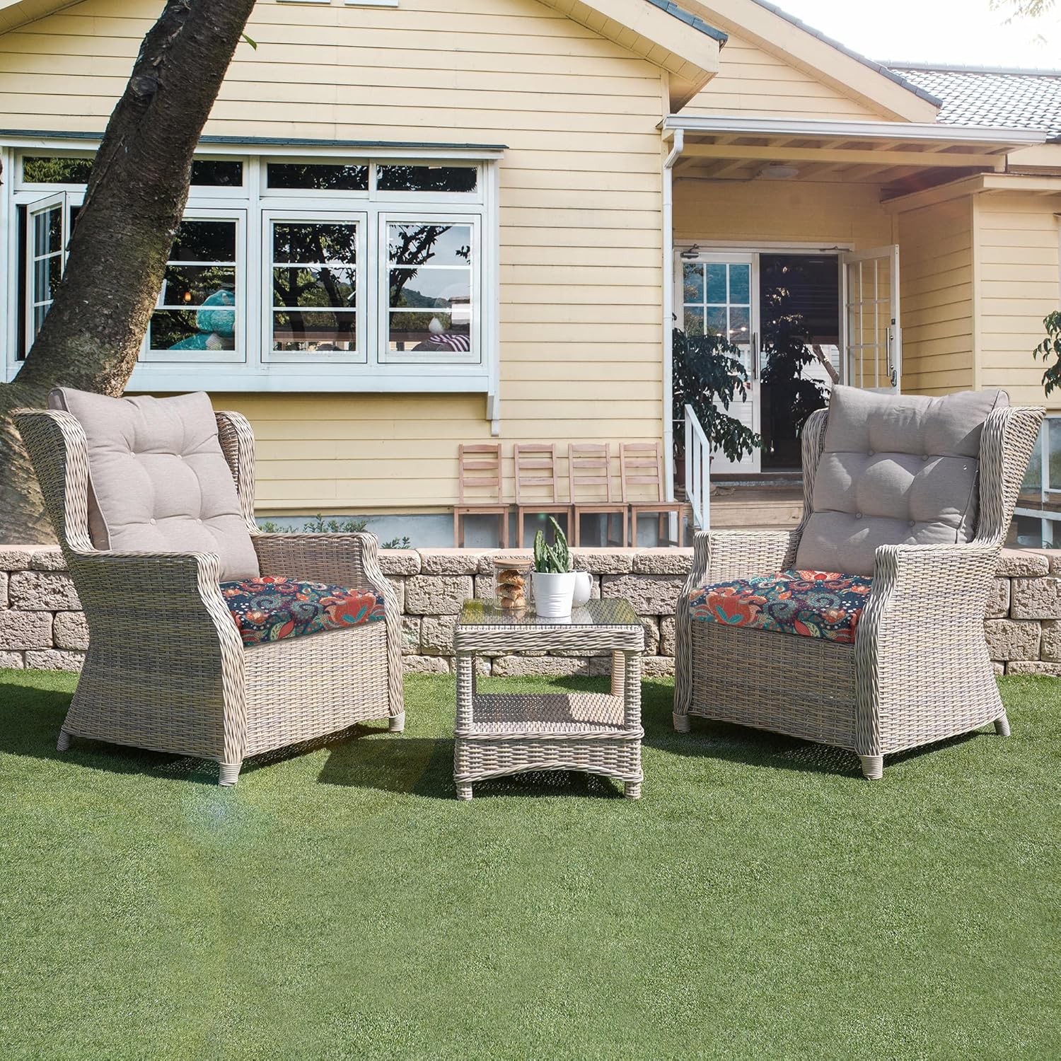 UNIKOME Outdoor Chair Cushions Pack of 4, Water Resistant Patio Cushions with Ties, High Density Sponge Filling Square Corner Seat Cushions for Outdoor Furniture, 18.5"*16"*3", Boho