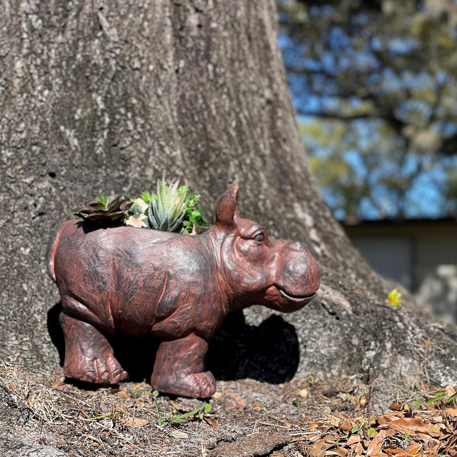 Zeckos Charming Brown Hippo MGO Planter with Drain Hole, 17 inches - Durable Weatherproof Magnesium Oxide for Garden or Patio Decor - Whimsical Animal Theme Planter, Perfect for Indoor/Outdoor Use
