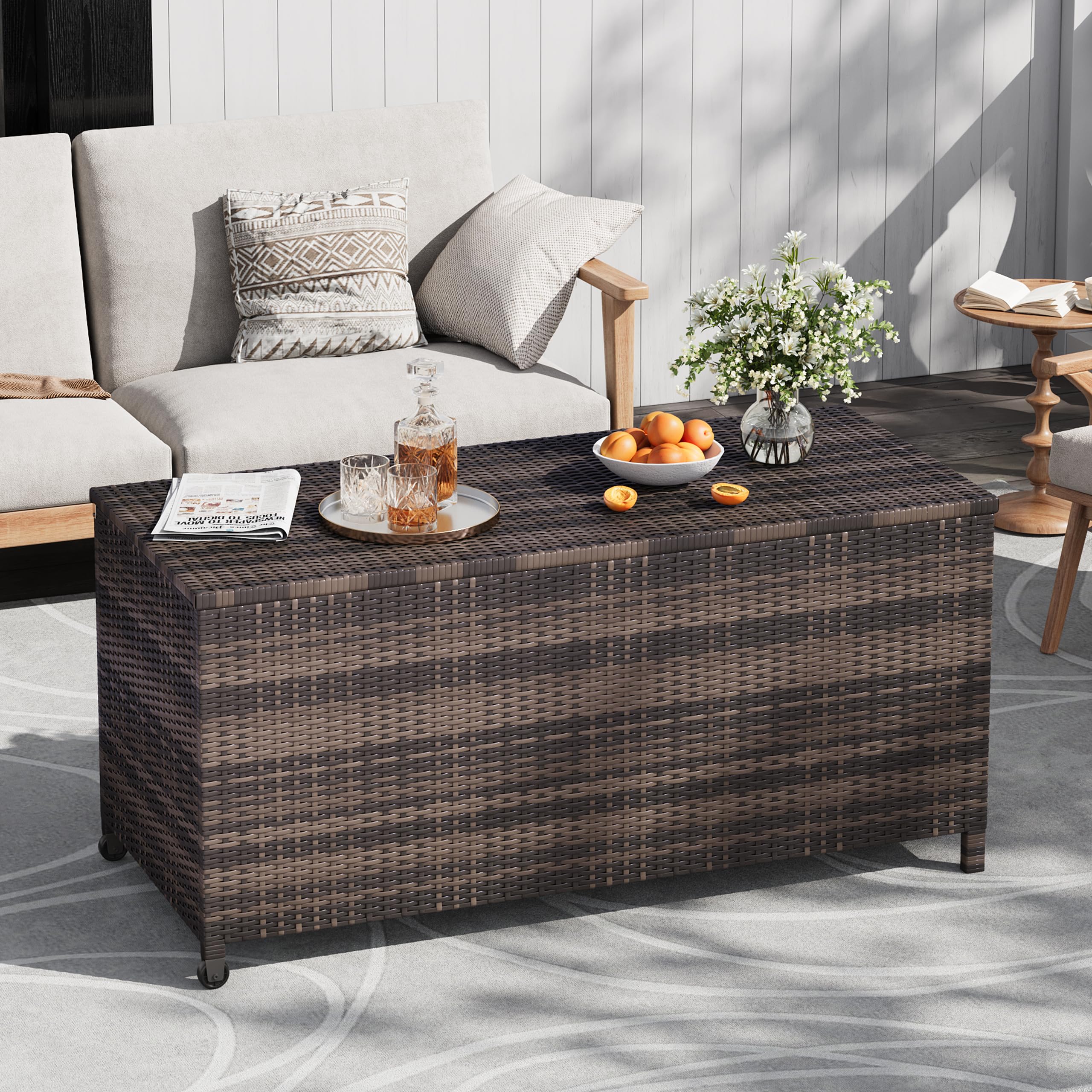 Litake 480L Aufbewahrungsbox für den Außenbereich, Große Terrassenbox Polyrattan Gartenbox wetterfest mit Deckel& Zwei Radern, Leicht Bewegen, Kissenbox für Garten/Balkon, 132x 55.5 x 64 cm,Braun