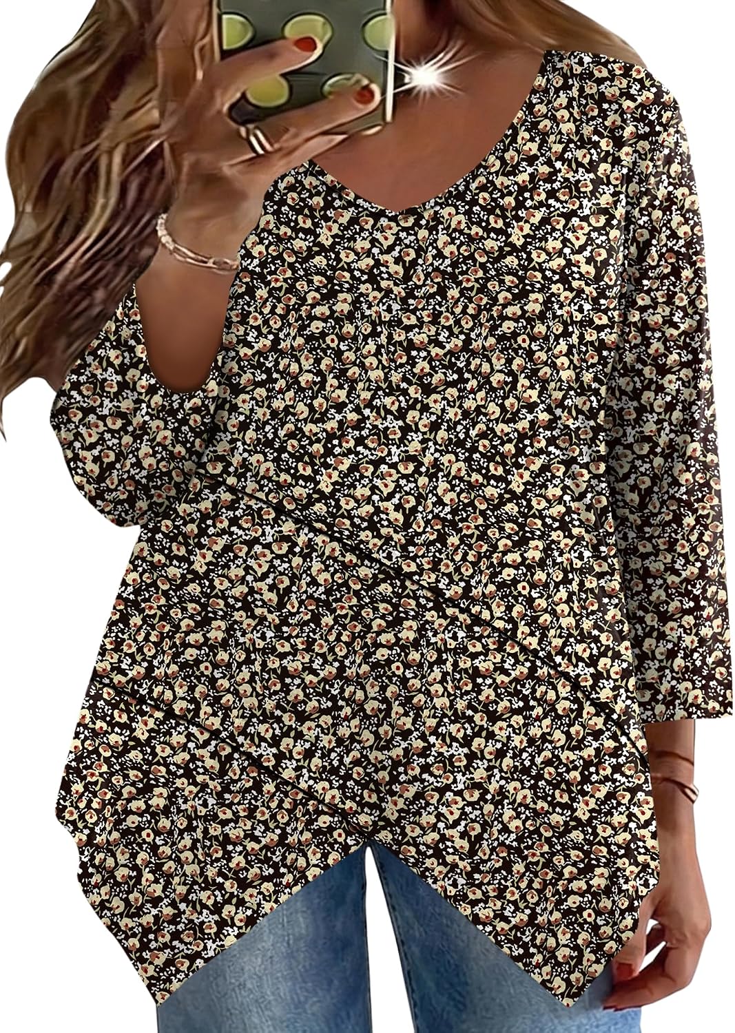TFSDOD Plus Size Tops for Women 3/4 Sleeve Shirts V Neck T Shirt Spring Summer Blouses 1X-5X