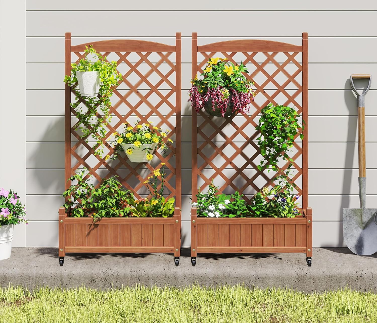 Raised Garden Bed with Trellis Set of 2, Outdoor Wood Planter Box & Plant Stand with Climbing Racks