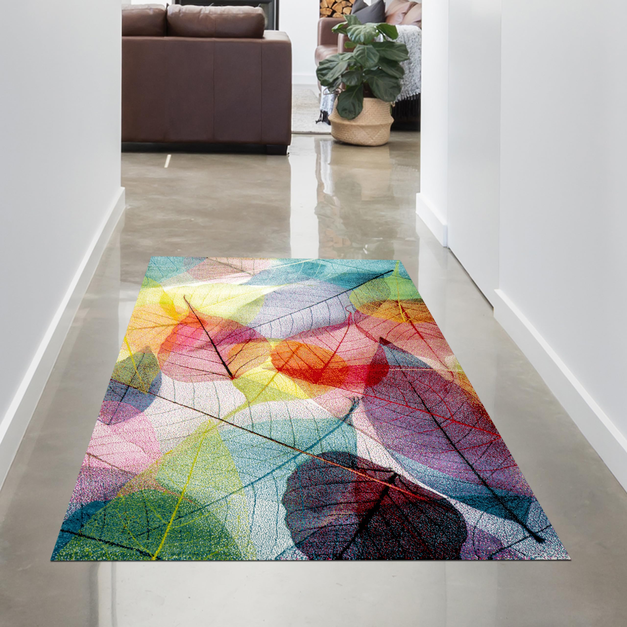 Tapis de salon 80x150 doux motif feuilles multicolore pour entrée et grenier