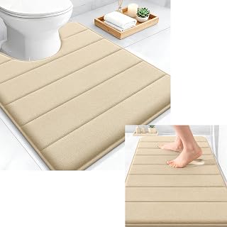 OLANLY Memory Foam Bathroom Rugs and Toilet Rugs, Bath Rug Size 30x20 and U-Shaped Size 24x20 in Beige, 2 Item Bundle