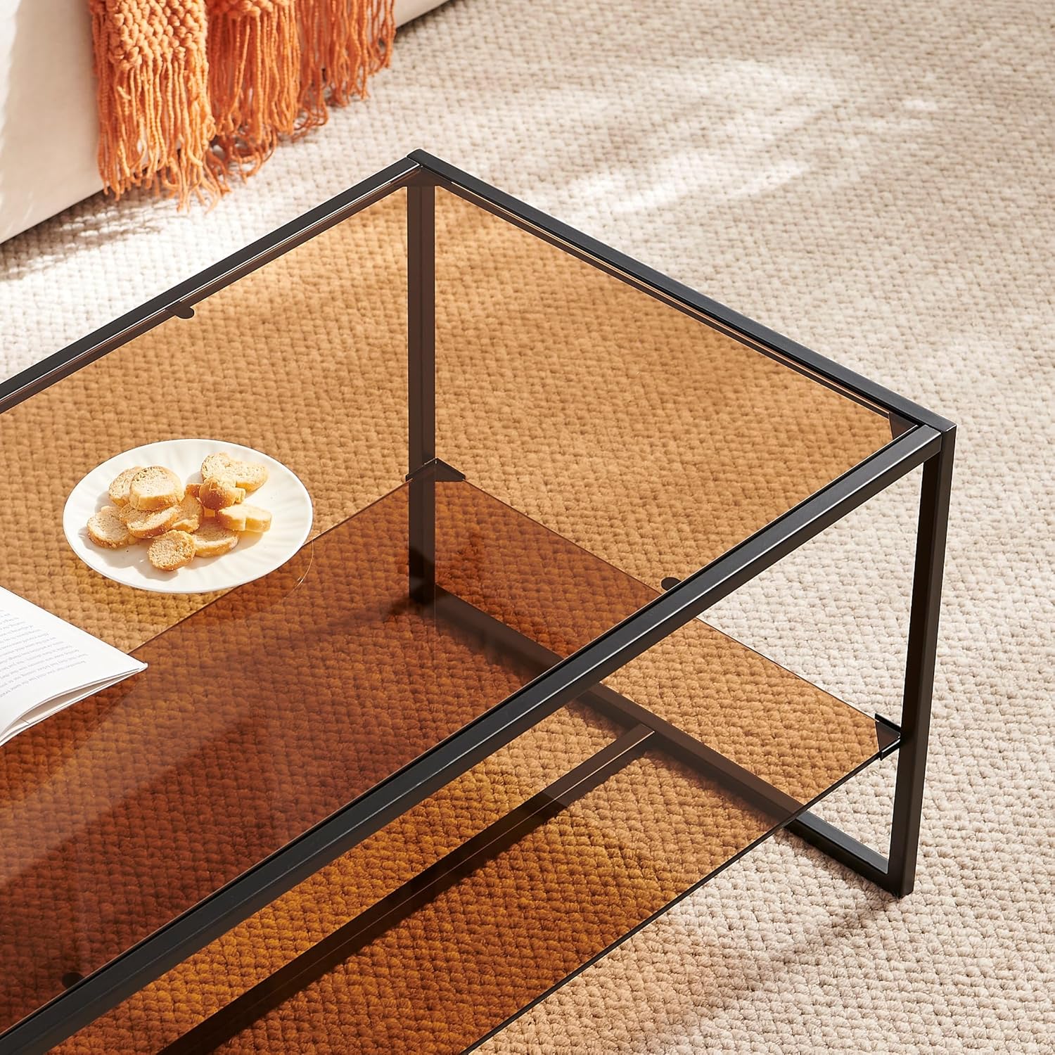 Shrine Brown Glass Coffee Table, Modern Design, Dual-Layer Coffee Table for Living Room, Black-Plated Metal Frame, Brown Glass Top