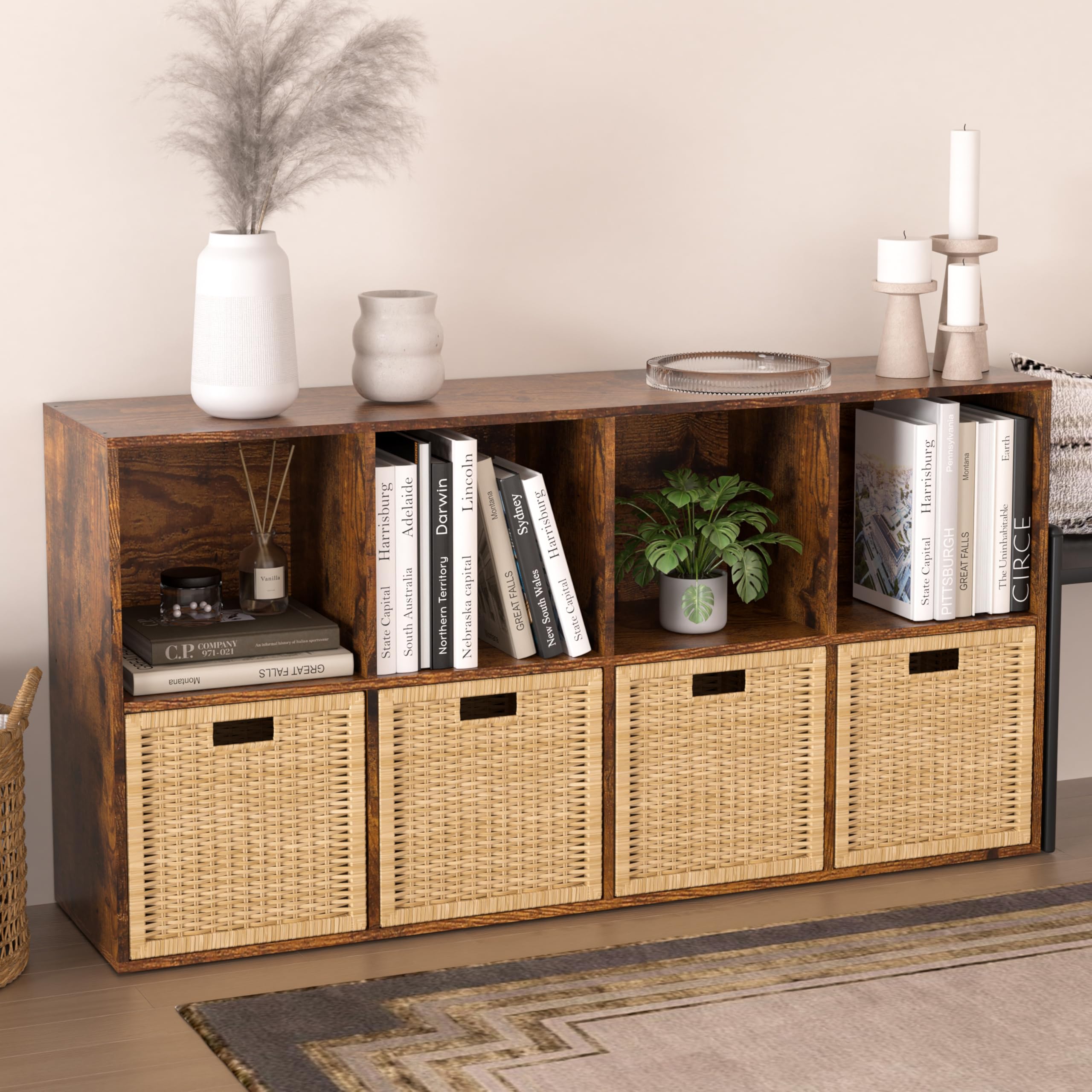 NewBeth Bookcase, 8-Cube Storage Unit with Closed Back Panel, Easy to Assemble, Wooden Storage Unit Bookshelf for Bedroom, Living Room, Studie, Office (Retro Brown, 8 Cube)