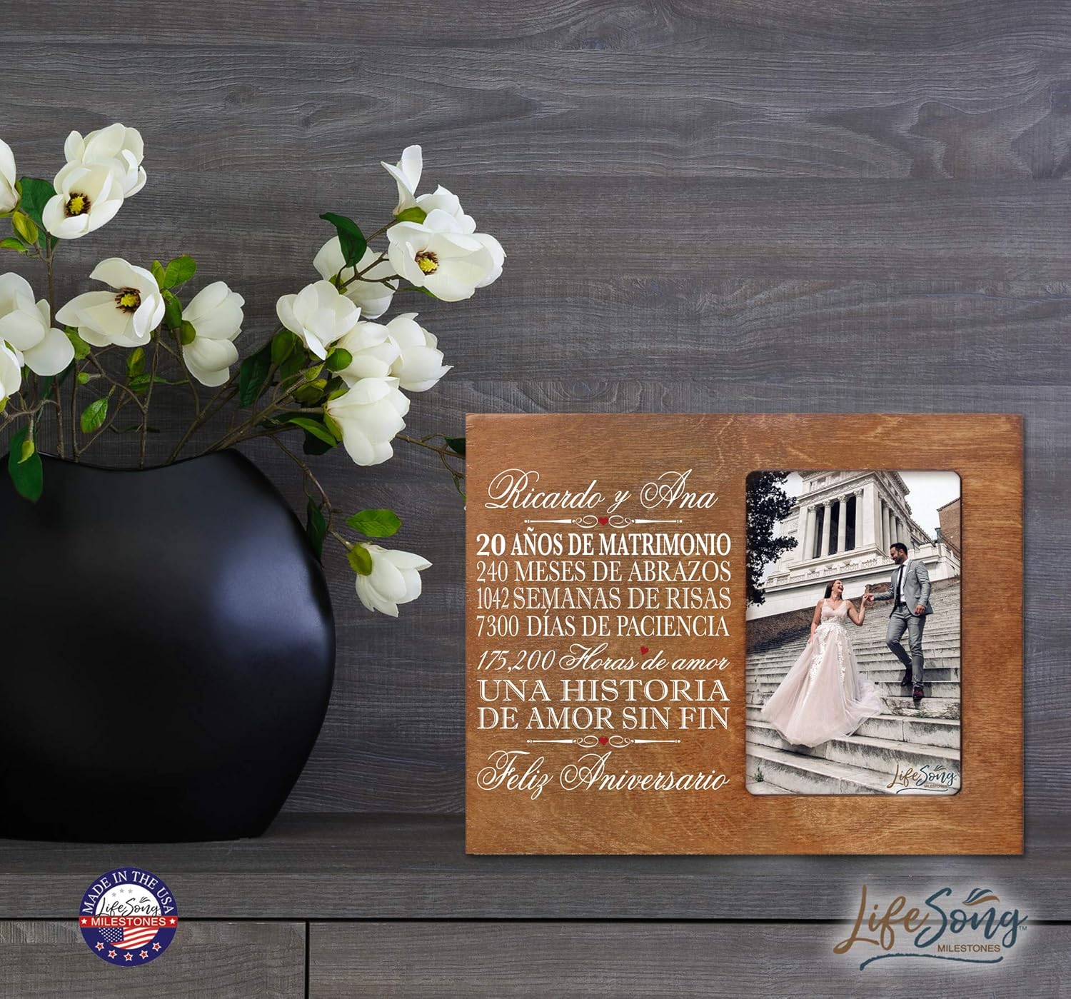 LifeSong Milestones Personalized 20th Anniversary Picture Frame Marriage Keepsake Gift with Spanish Verse - Twenty Years Wedding Gift for Parents Husband Wife Him Her Holds 8x10 Photo (Walnut)