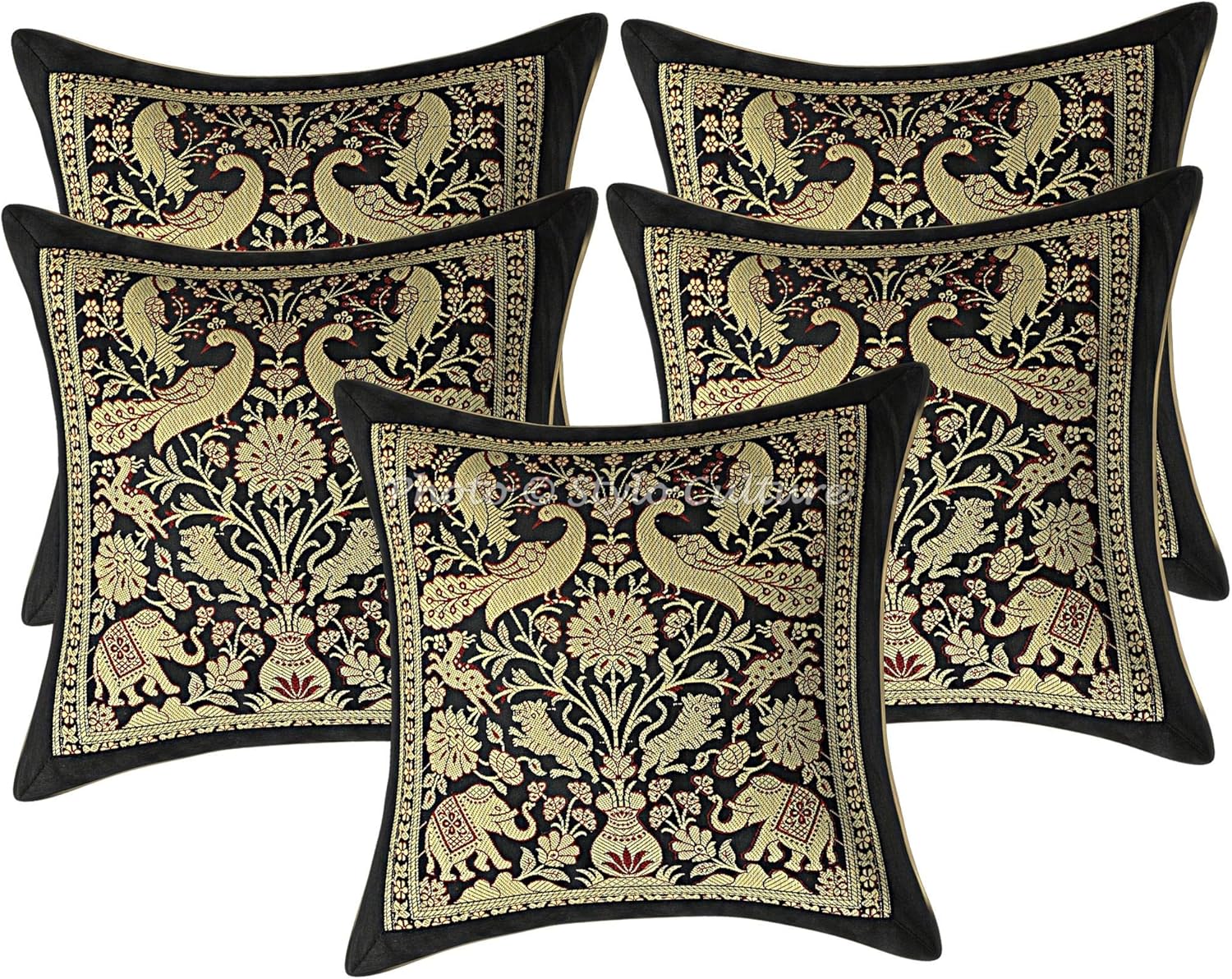 Ethnic Decorative Couch Sofa Toss Throw Pillow Cases 30x30 cm Brocade Hallway Decor Black Elephant Jacquard Square Luxury Zippered Bohemian 12x12 Inch Cushion Covers - 5 Pcs