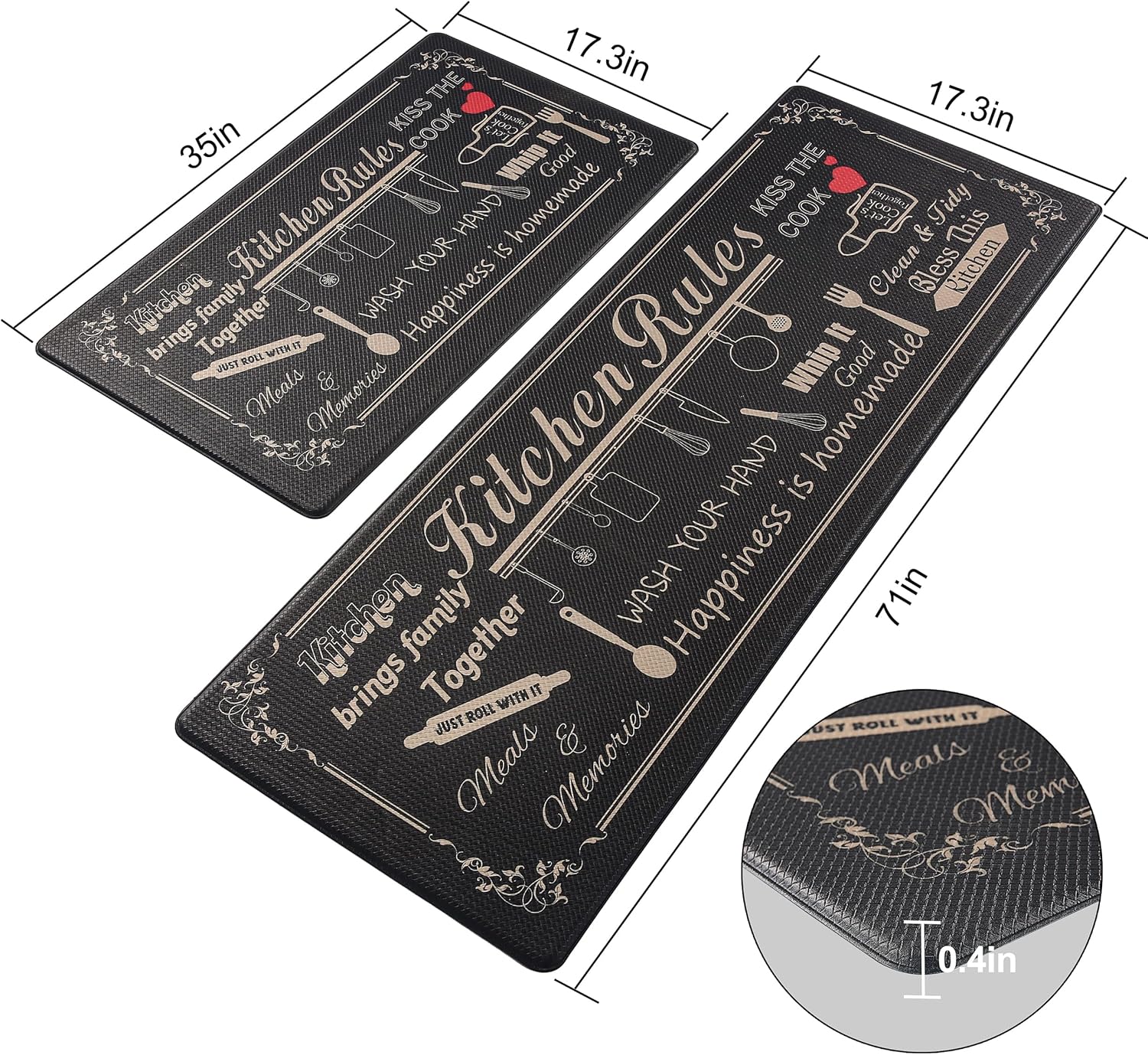 Kitchen Mats Black Kitchen Rugs and mats Farmhouse Anti Fatigue Kitchen Mats Cushioned for Floor Non-Slip Kitchen mats 2 Piece Set 17.3"x35"+17.3"x71" for Sink Laundry Office, Black