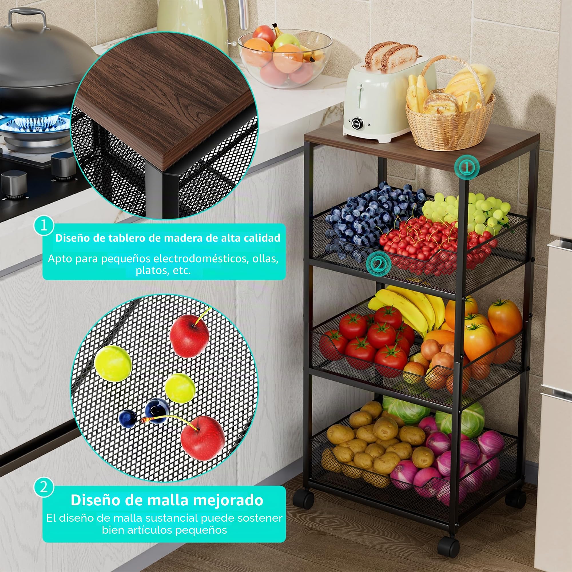 HapiRm Cesta de Frutas para Cocina, Carrito de Almacenamiento rodante de 4 Niveles con Ruedas, Cesta de Frutas y Verduras con
