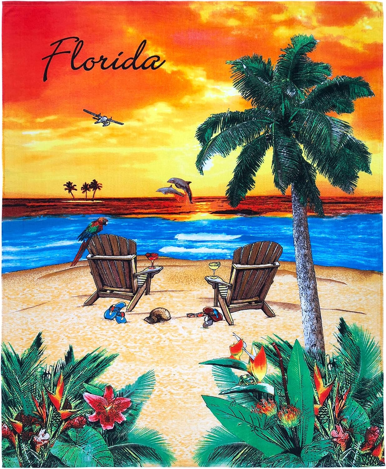 Florida Map Beach Blanket 54 x 68 inch Beach Towel 100% Cotton Family Size - Souvenir Tourist Map