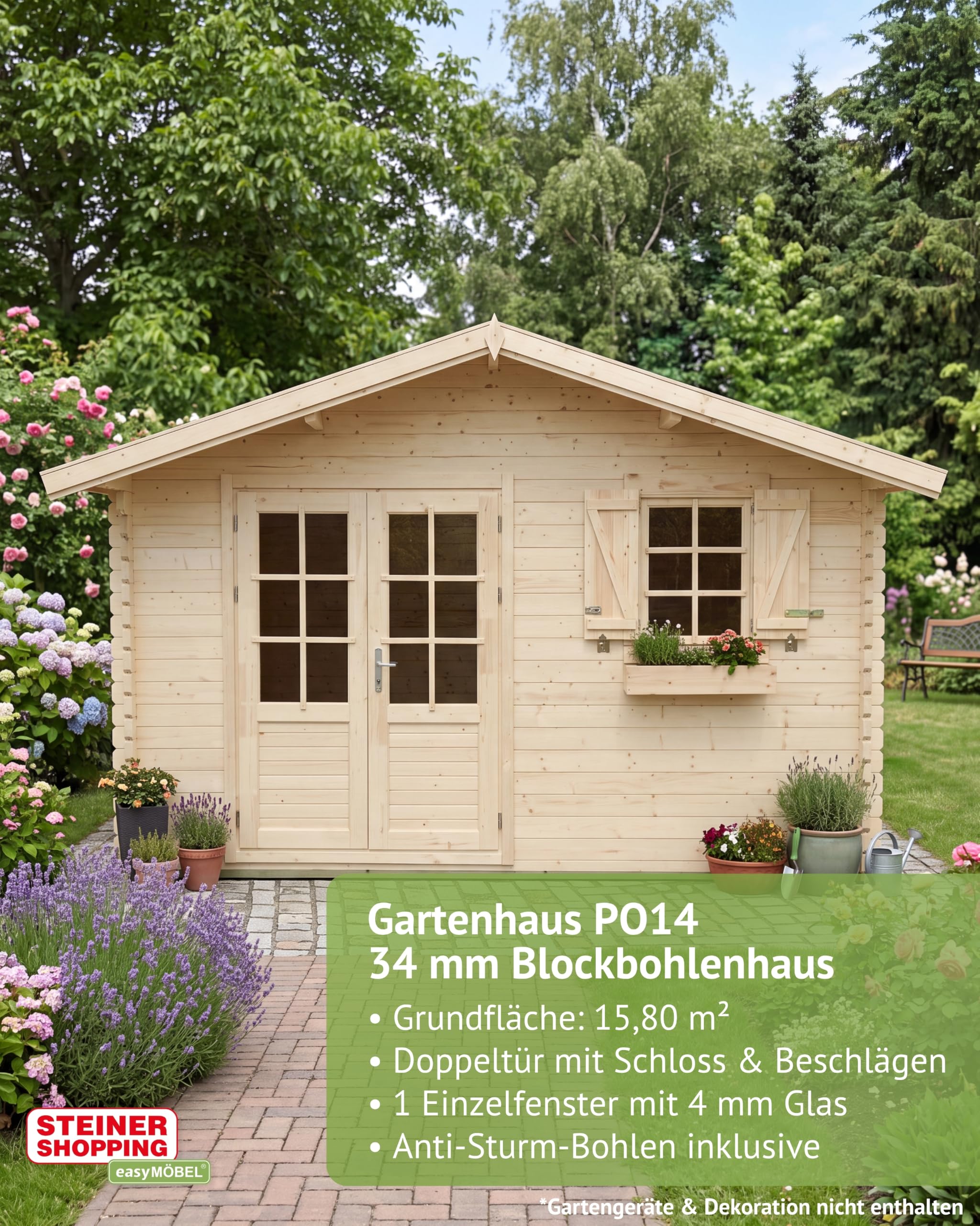 Steiner Shopping Gartenhaus PO14-34 mm Blockbohlenhaus, Grundfläche: 15,80 m², Satteldach
