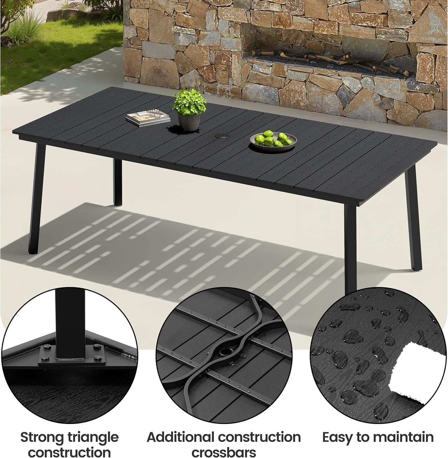 Crestlive Products 9 Piece Patio Dining Set, 70" Black Metal Outdoor Table and 8 Folding Chairs, with Umbrella Hole for Porch Poolside Yard Garden, Black