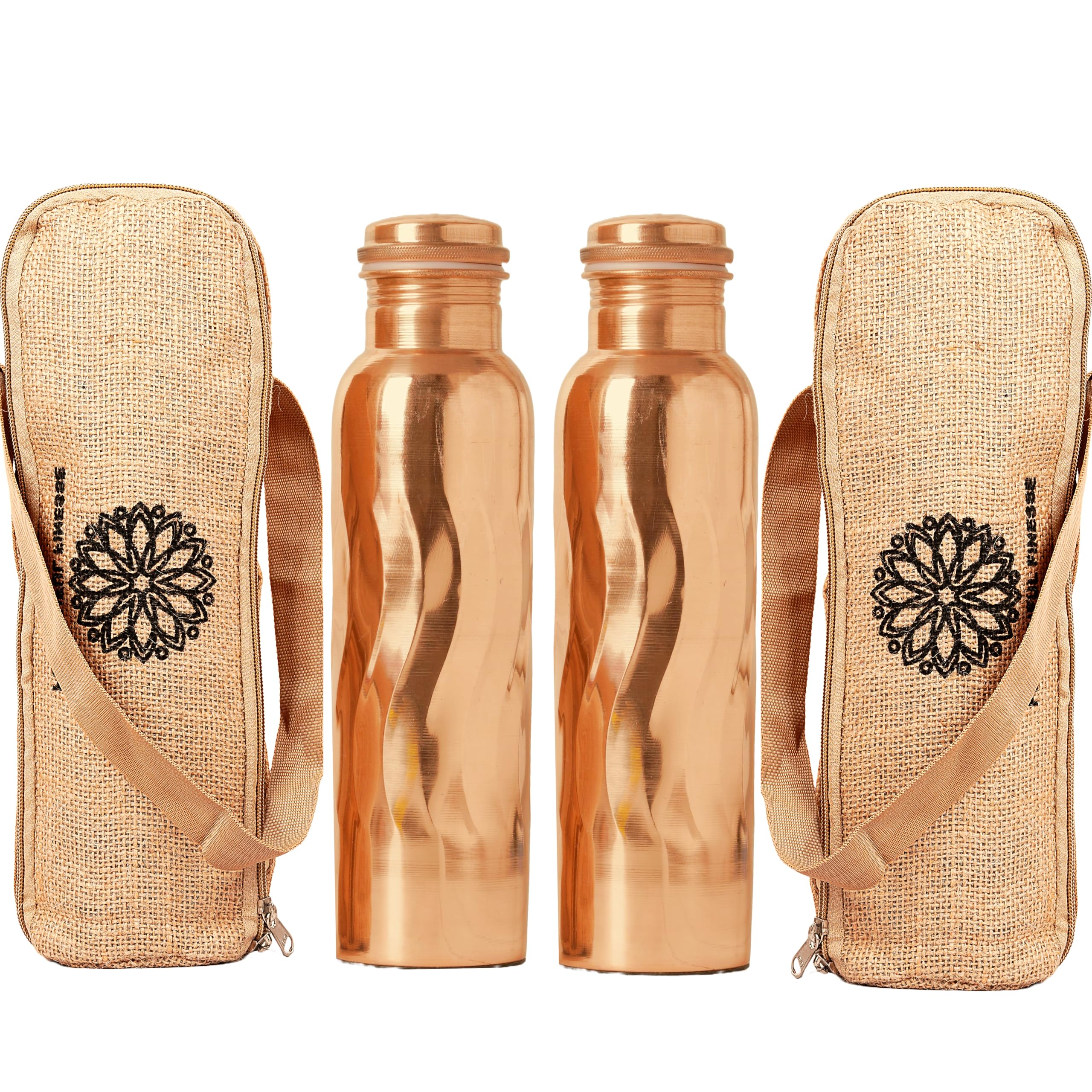 Copper Water Bottle For Drinking Pure Copper Bottle 1000 ml Copper Vessel With Carrying Bag For Sports, Yoga, Ayurvedic Copper Bottle for Gym,Office,Hiking - Pack of 2, (Natural Curve Bottle)