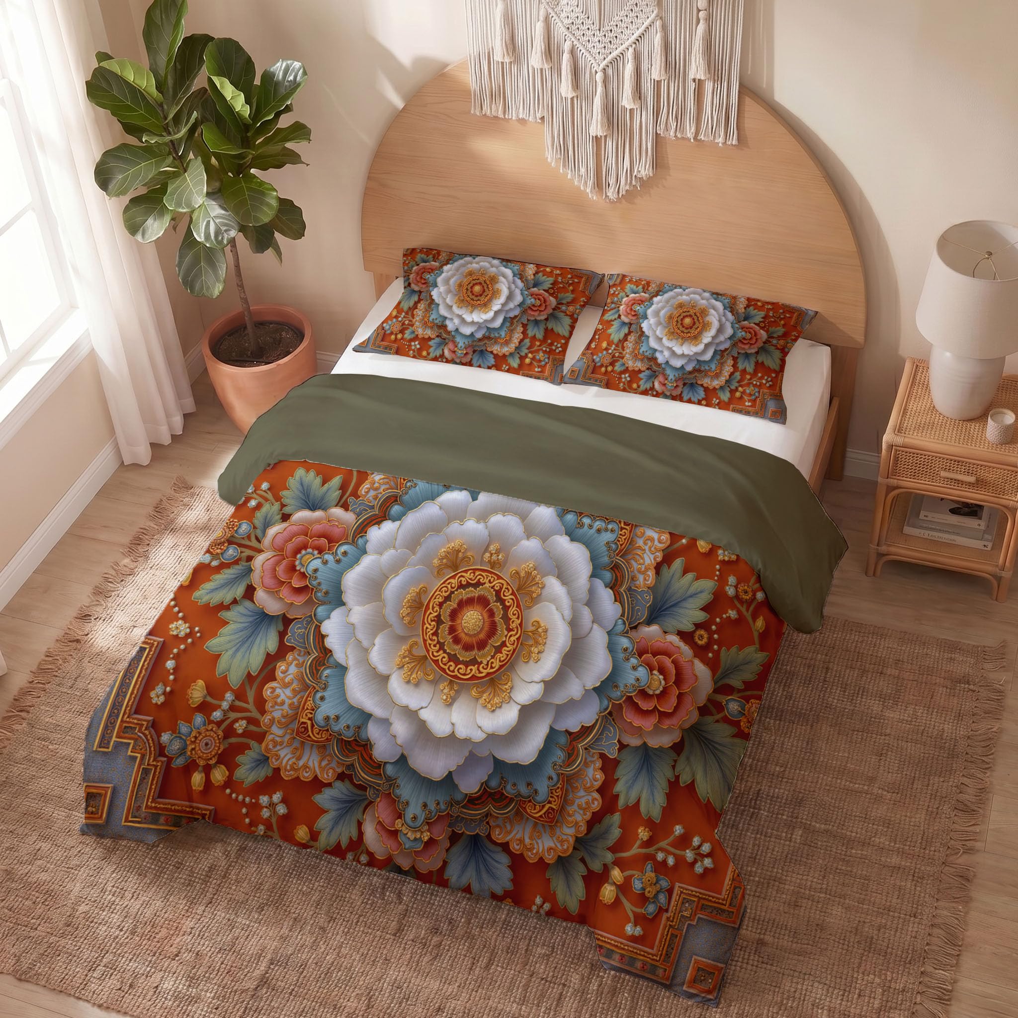 Housse de couette 220x240 relief floral rétro orange parure de lit microfibre réversible 3 pièces
