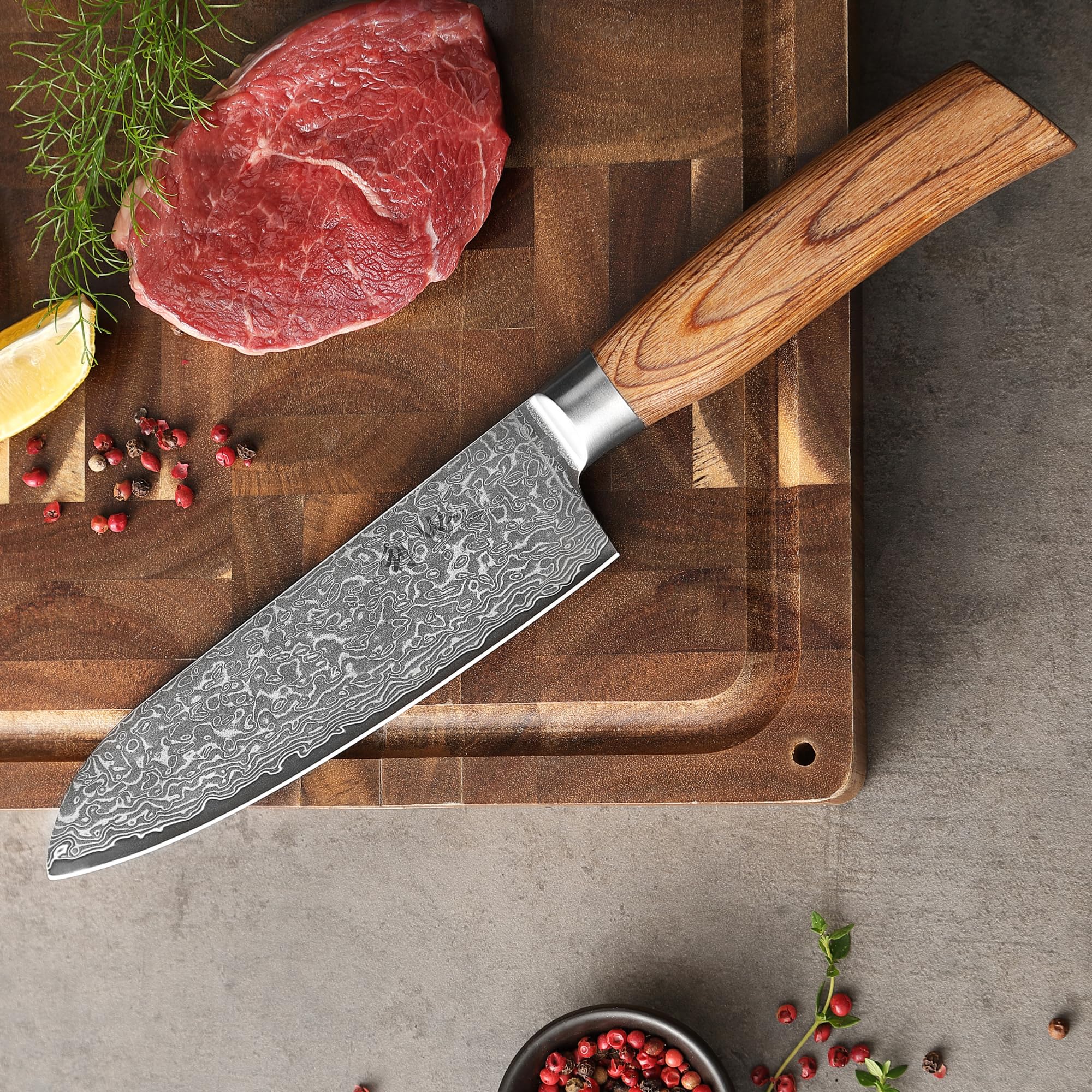 Wakoli Nóż Santoku, nóż szefa kuchni z 67 warstw stali damasceńskiej z rdzeniem VG10, ostre noże kuchenne z uchwytem pakkawood, nóż do mięsa do wszystkich zadań (EDIB Pro)