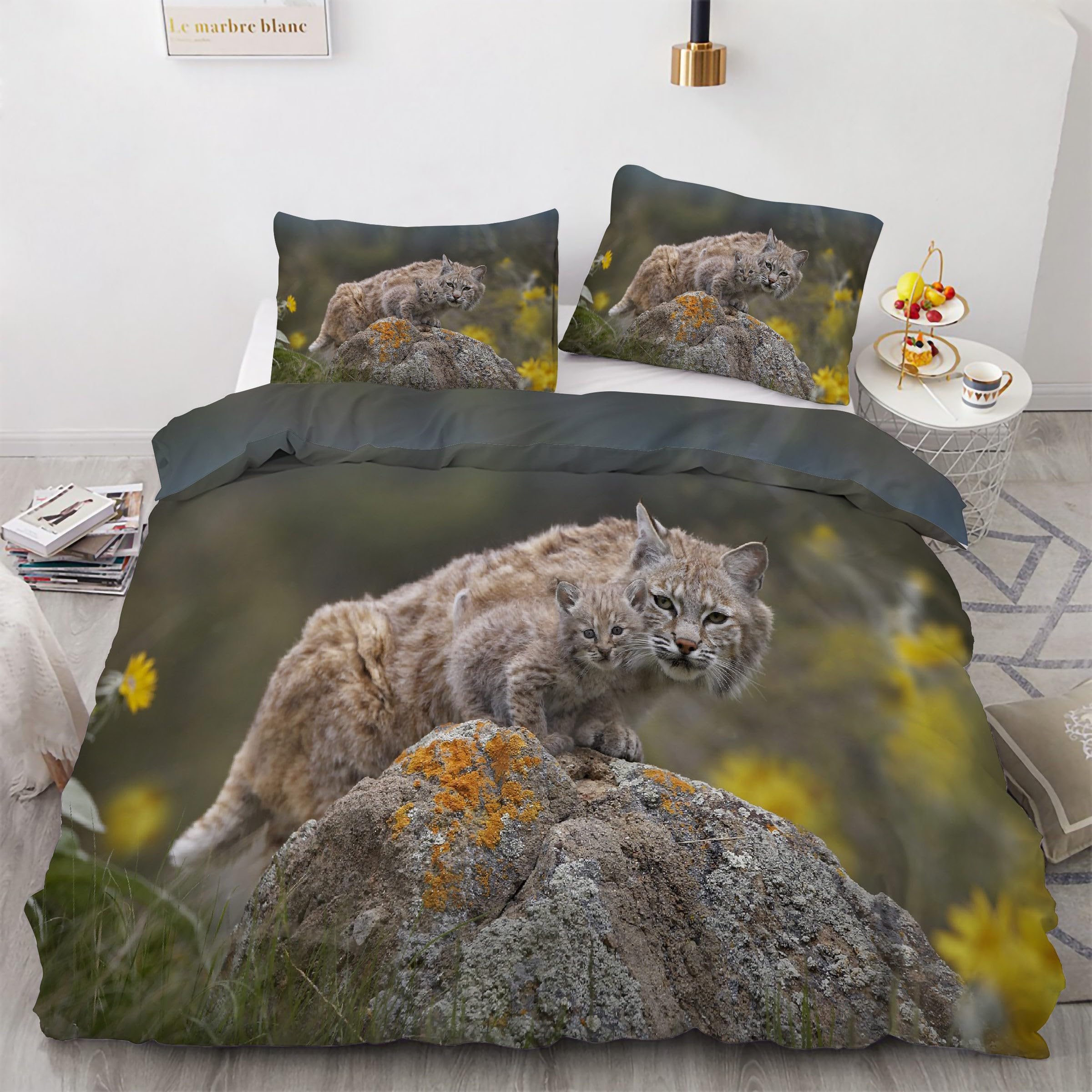 Ensemble de literie 3 pièces 240x260 housse de couette imprimé lynx avec zips Kg5412