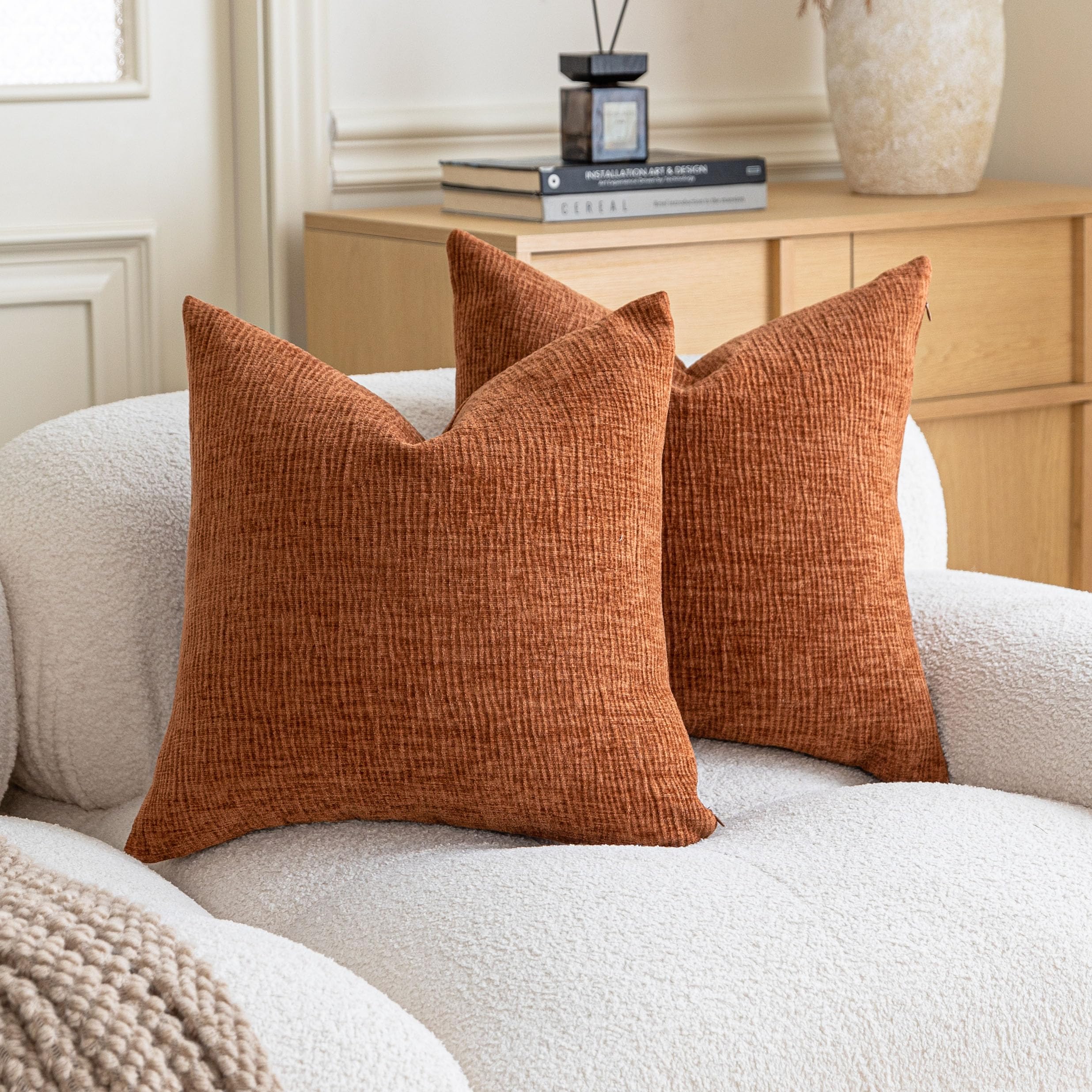 Home Brilliant Orange Cushion Cover 18x18 Super Soft, Decorative Textured Chenille Cushion Covers for Sofa Bed Couch Living Room, Set of 2, (45 x 45 cm, Burnt Orange) — image 1
