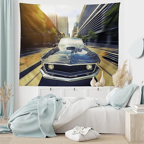 Miniatura 6 de Ambesonne Tapiz retro, auto clásico vintage en calle urbana, imagen nostálgica de auto en la ciudad, para colgar en la pared ancha para dormitorio,