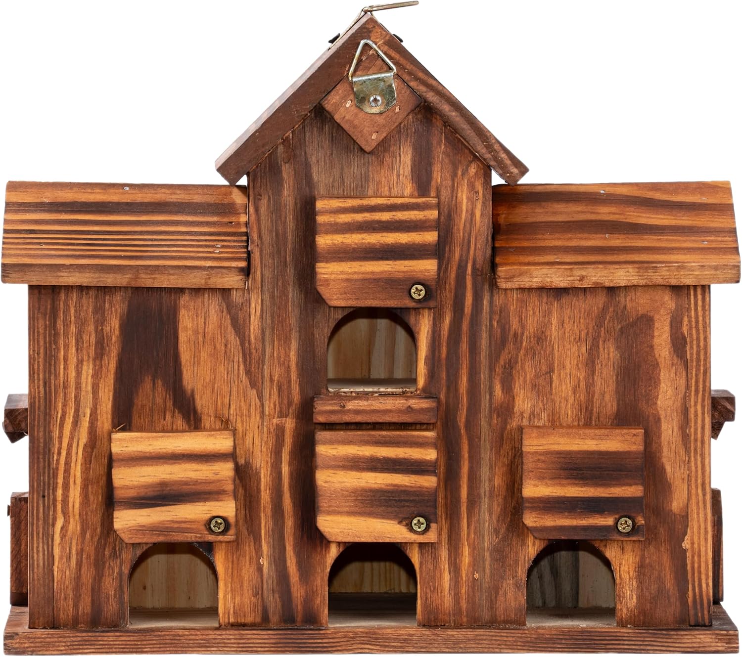 MIXUMON Bird House Outdoor, 6-Room Wooden Birdhouse for Outdoors & Outside, Carbonized Pine Wood Bird Houses with 1.57” Entrance & Easy Clean-Out Doors